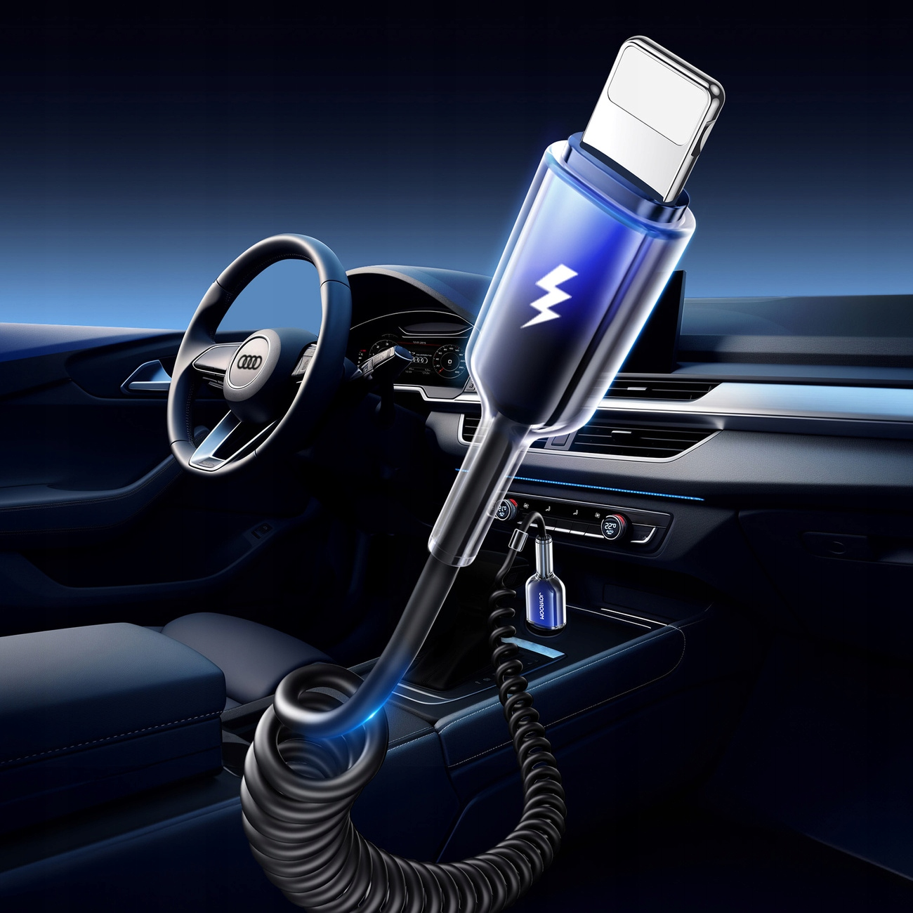 Kabel USB-A do Lightning jest podłączony do portu USB w samochodzie. Kabel jest czarny i skręcony. Koniec Lightning ma światło.