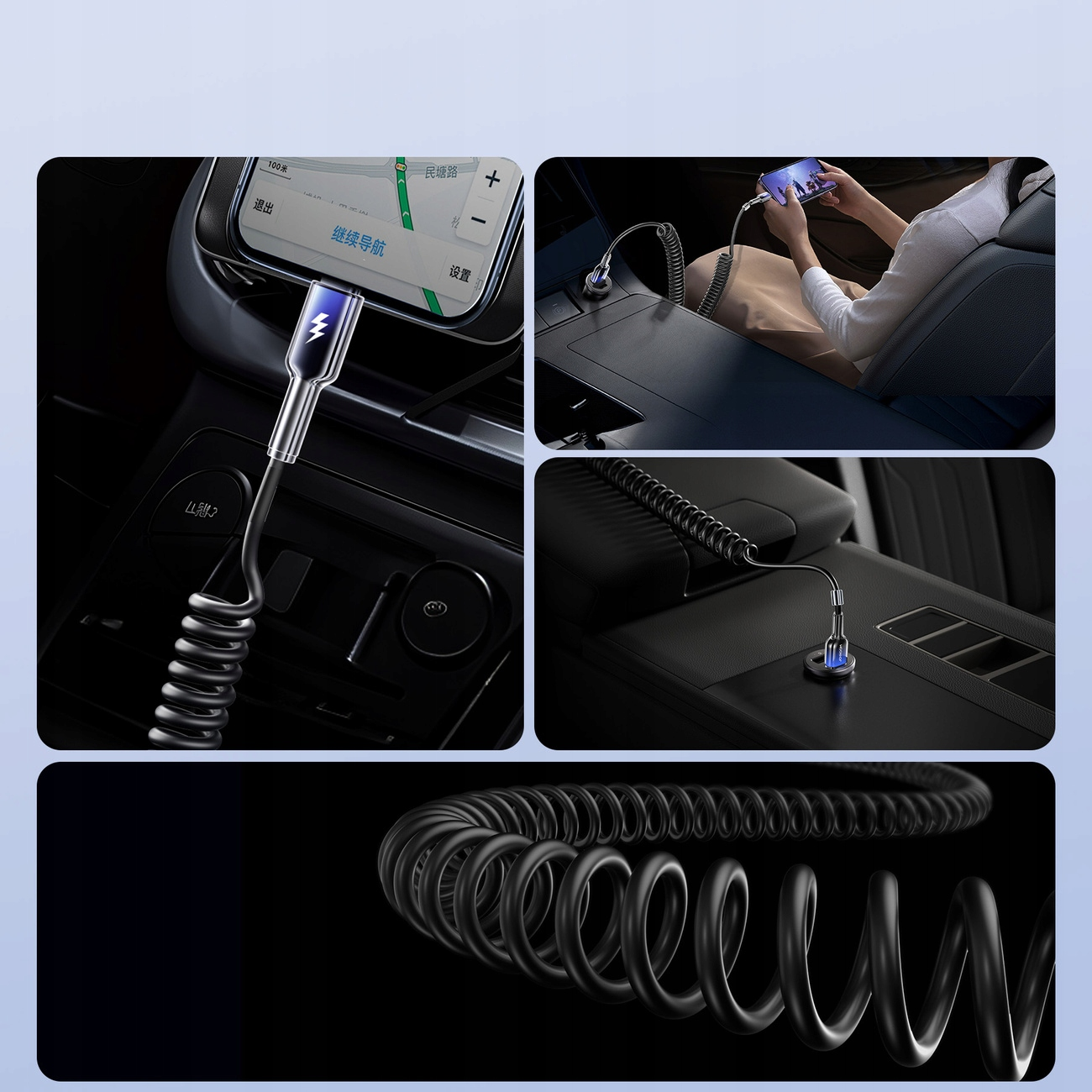 Zbiór zdjęć przedstawiających kabel ładujący w samochodzie. Widoczna deska rozdzielcza samochodu, telefon i kabel.