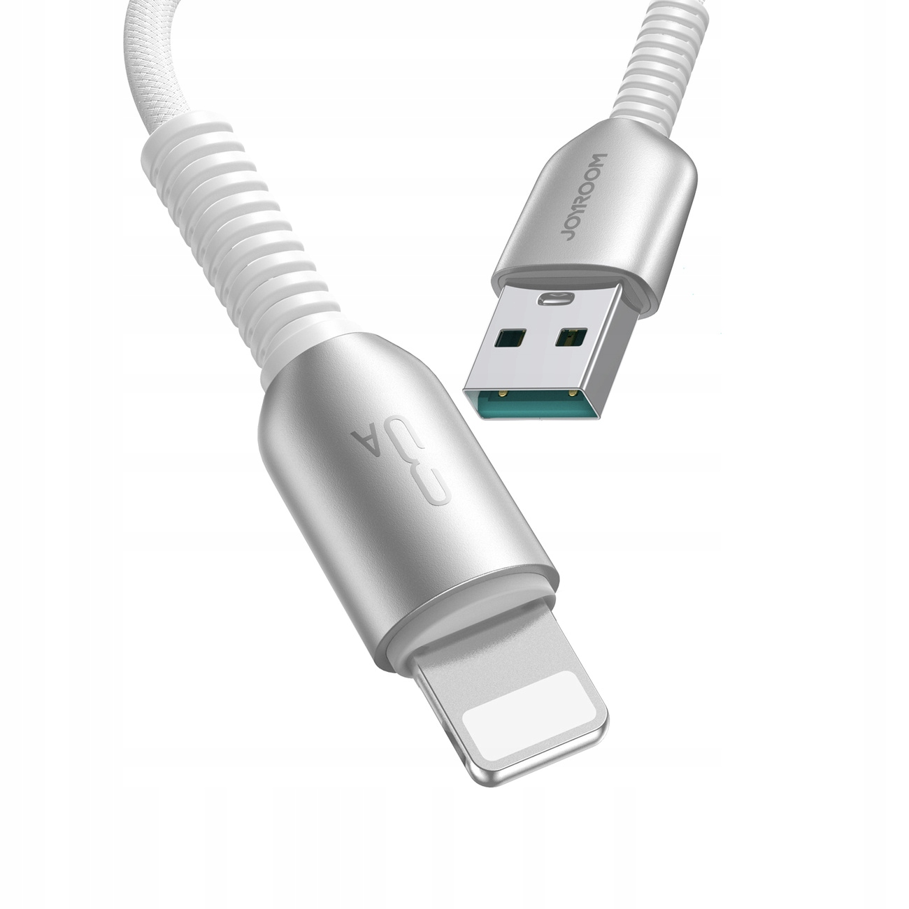Weißes USB-C-zu-Lightning-Kabel mit silbernen Steckern, weißes geflochtenes Kabel.