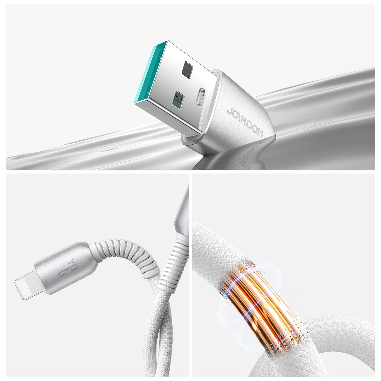 Nahaufnahme eines weißen und silbernen Kabels mit USB- und Lightning-Anschlüssen, Details zeigend.