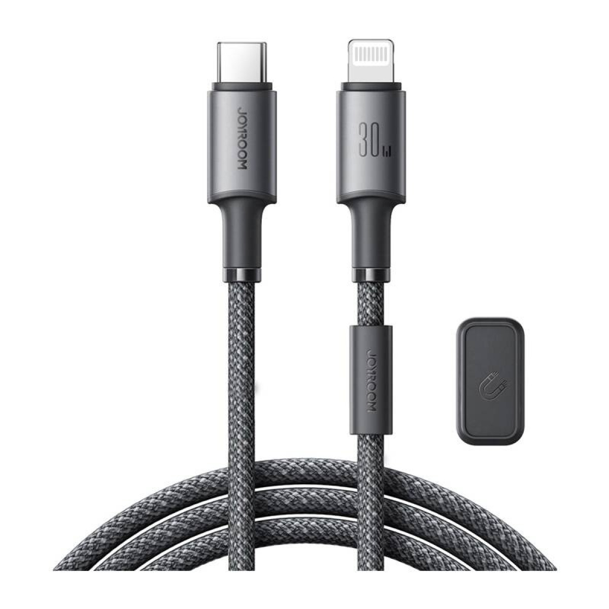 Zwei Ladekabel, USB-C und Lightning, graues geflochtenes Kabel mit 30W Anzeige und Magnetclip.