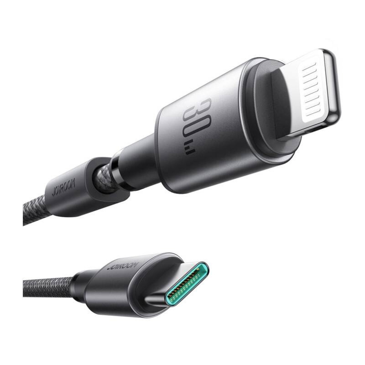 Ein schwarzes Ladekabel mit Lightning-Anschluss und Typ-C-Anschluss, mit grauem Körper.