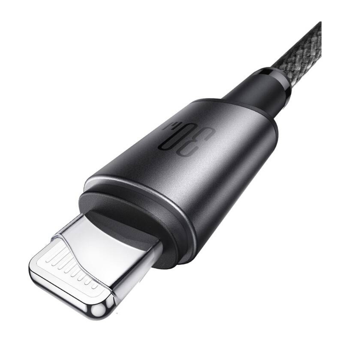 Nahaufnahme eines Lightning-Anschlusses eines Ladekabels, mit 30W-Anzeige.