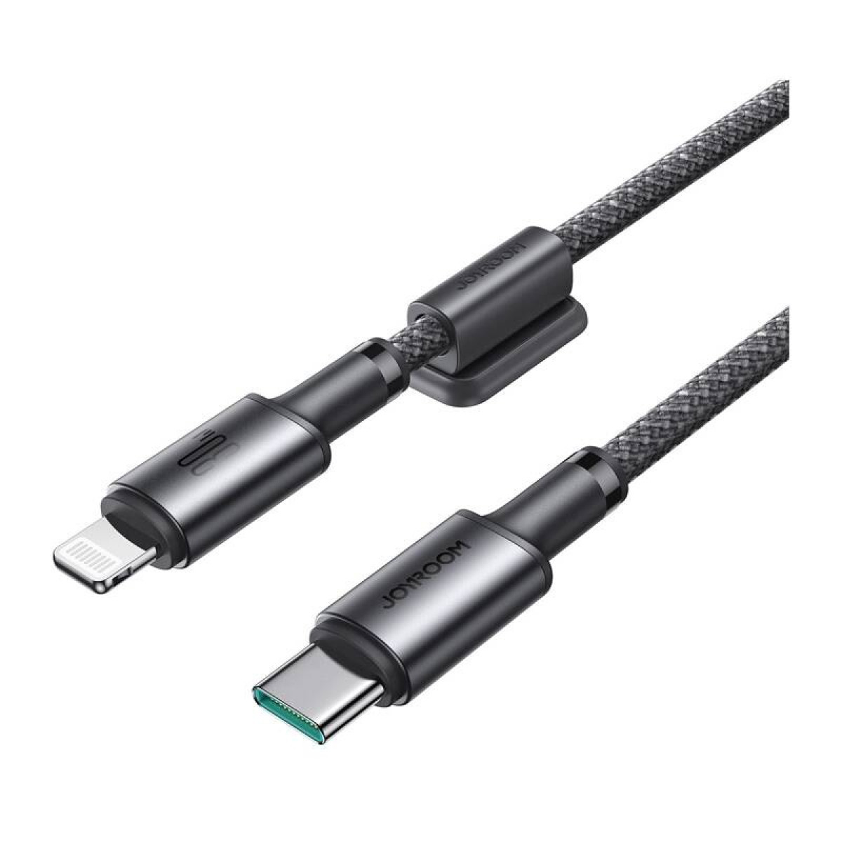Zwei Ladekabel, USB-C und Lightning, verbunden, mit einem dunkelgrauen Kabel und Magnetclip.