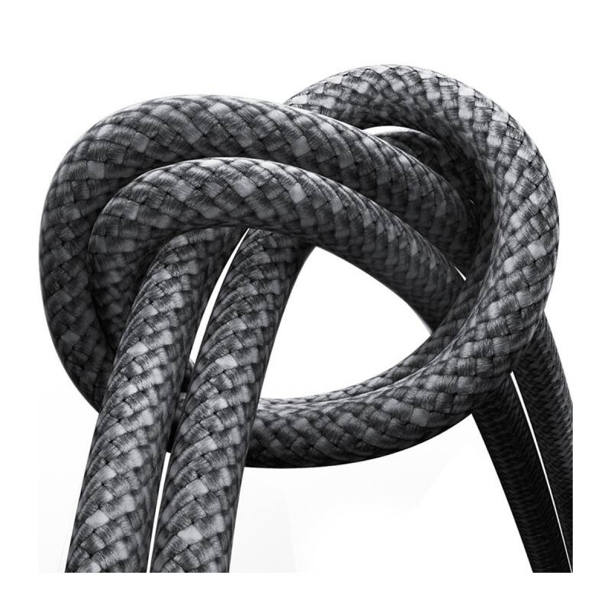 Geflochtenes graues Kabel geknotet. Das Kabel hat ein strukturiertes Muster. Weißer Hintergrund.