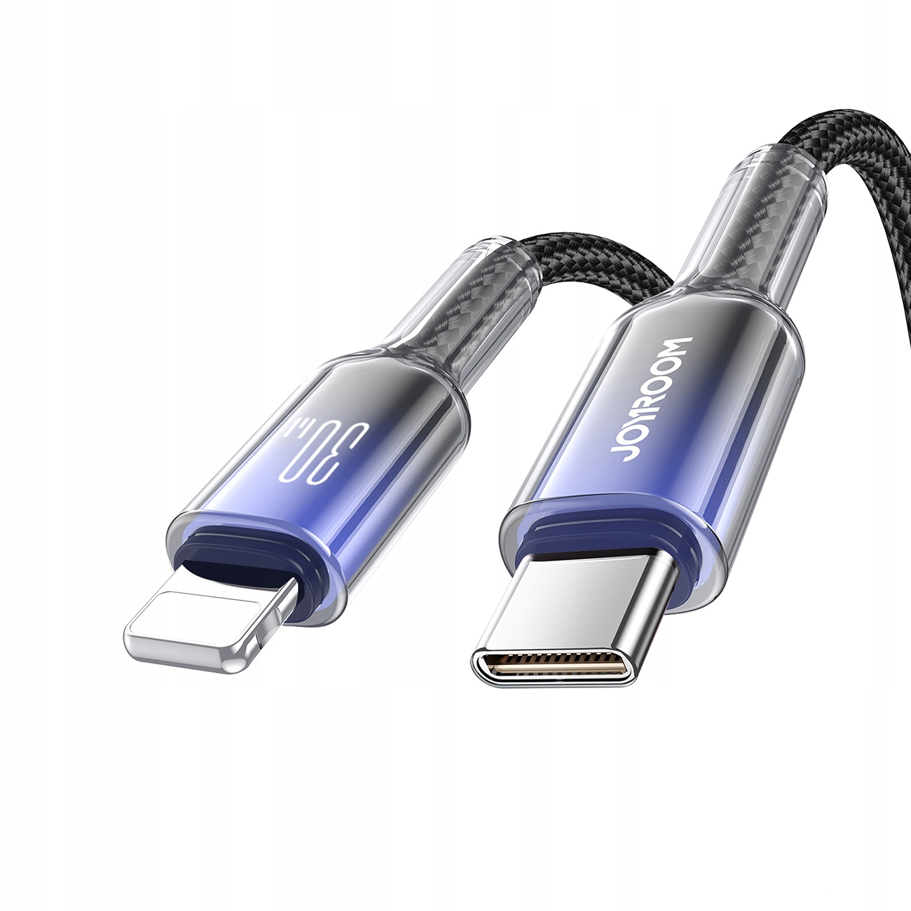 Niebieski i srebrny kabel USB-C do Lightning.