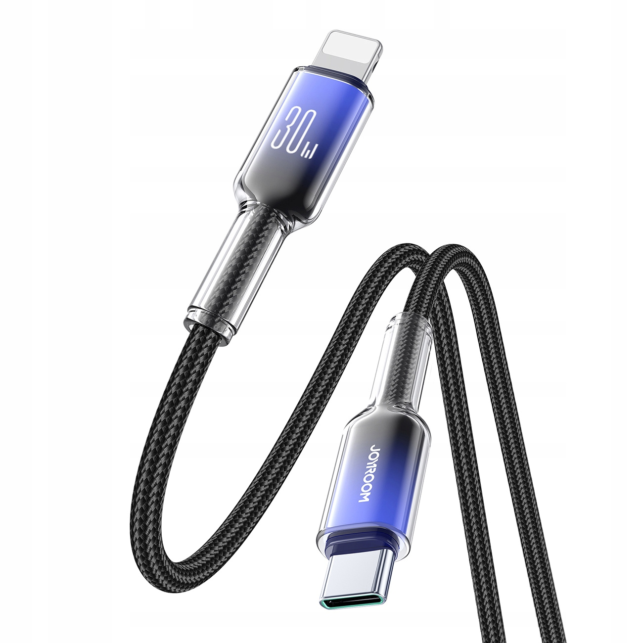 Niebieski i czarny kabel USB-C do Lightning z przezroczystymi plastikowymi końcami.