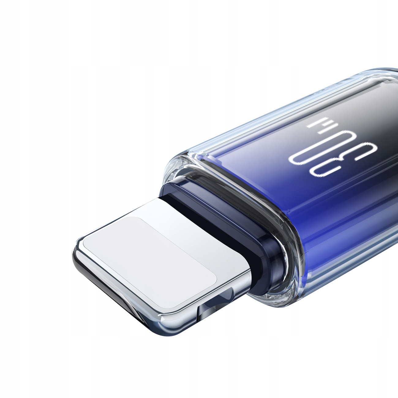 Zbliżenie złącza kabla ładującego. Ma białe i srebrne złącze. Niebieski wyświetlacz pokazuje '30'. Białe tło.