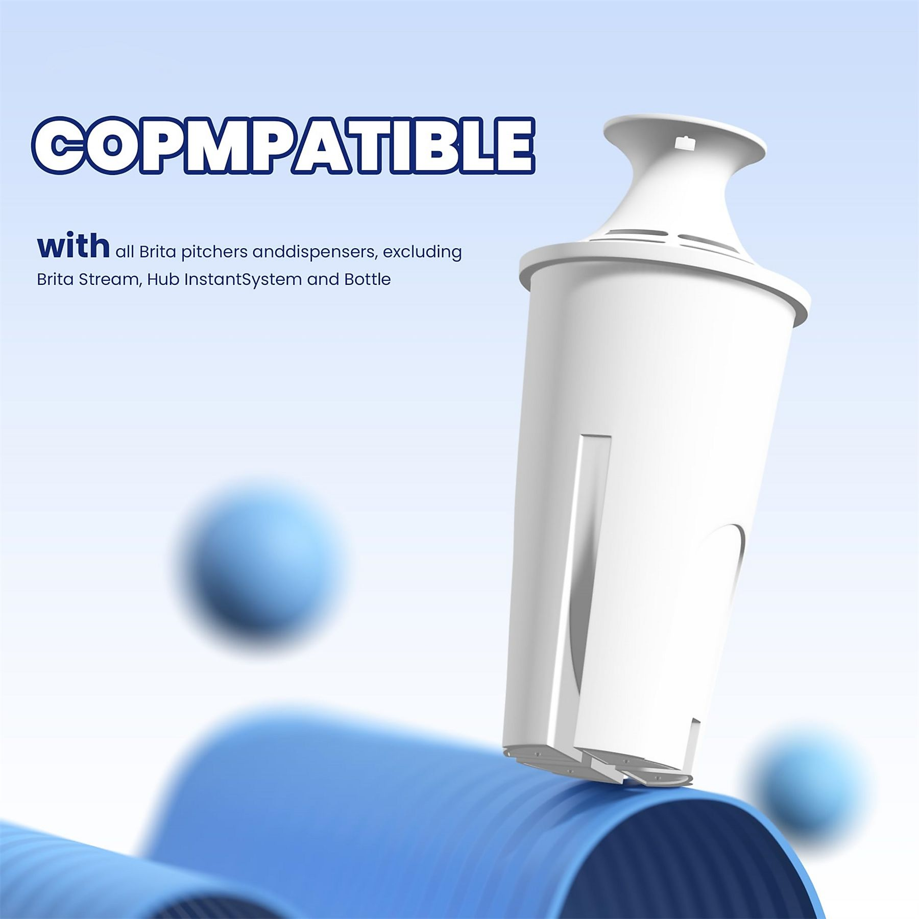 Ein weißer Wasserfilter. Text: Kompatibel mit allen Brita-Kannen, außer Brita Stream, Hub InstantSystem und Bottle.