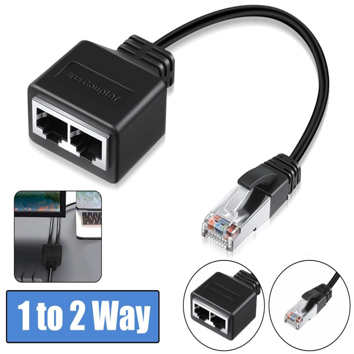 Zwei schwarze RJ45-Koppler mit mehreren Produktaufnahmen. Einer ist mit einem Computer verbunden.