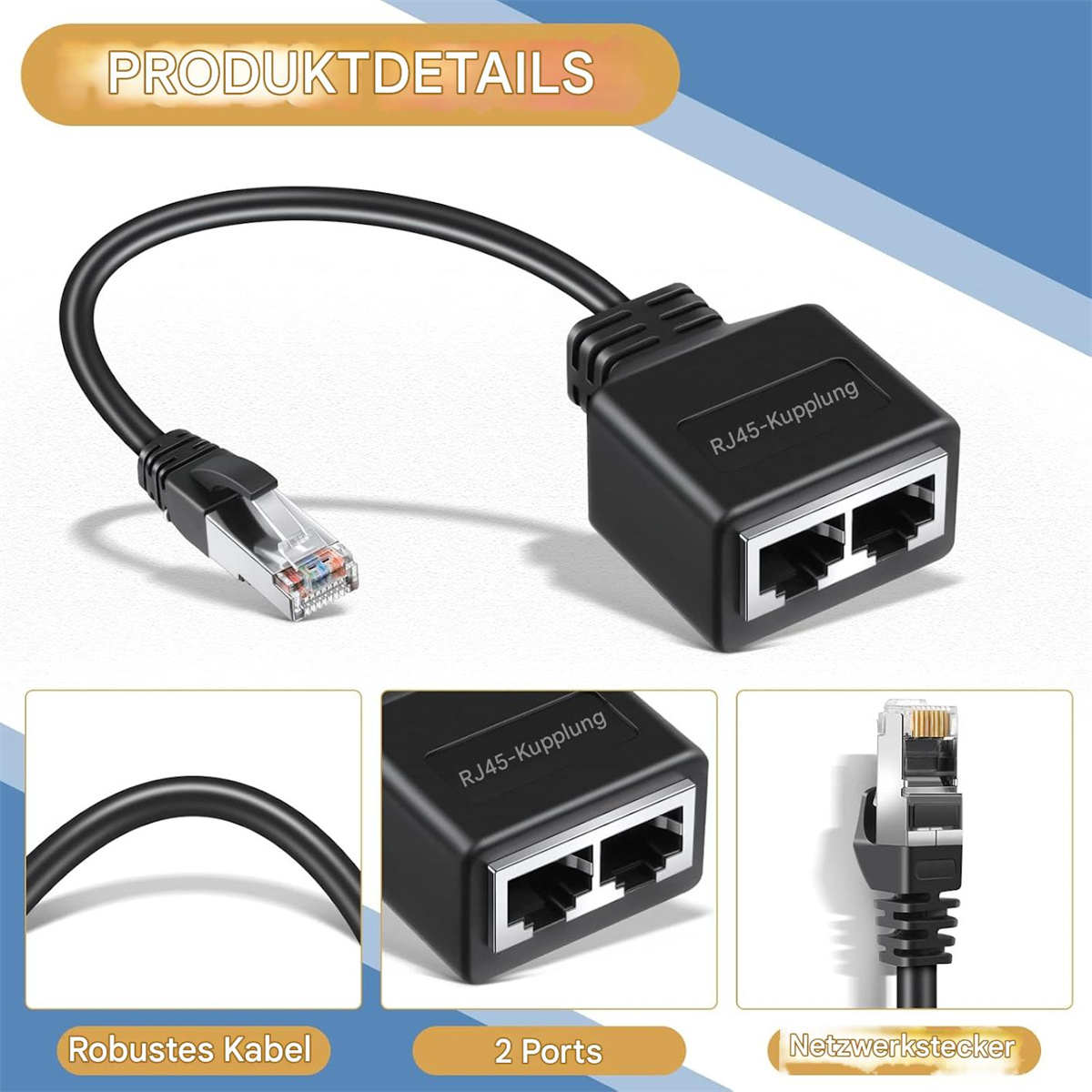 Schwarzer RJ45-Koppler mit zwei Anschlüssen und einem Kabel. Zusätzliche Bilder zeigen Details.