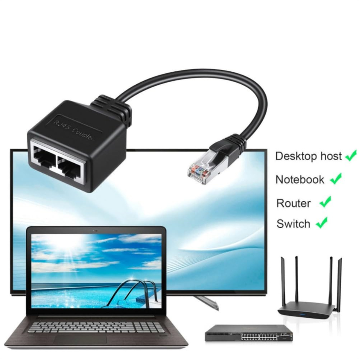 RJ45-Koppler, der einen Laptop, einen Fernseher, einen Router und einen Switch verbindet.