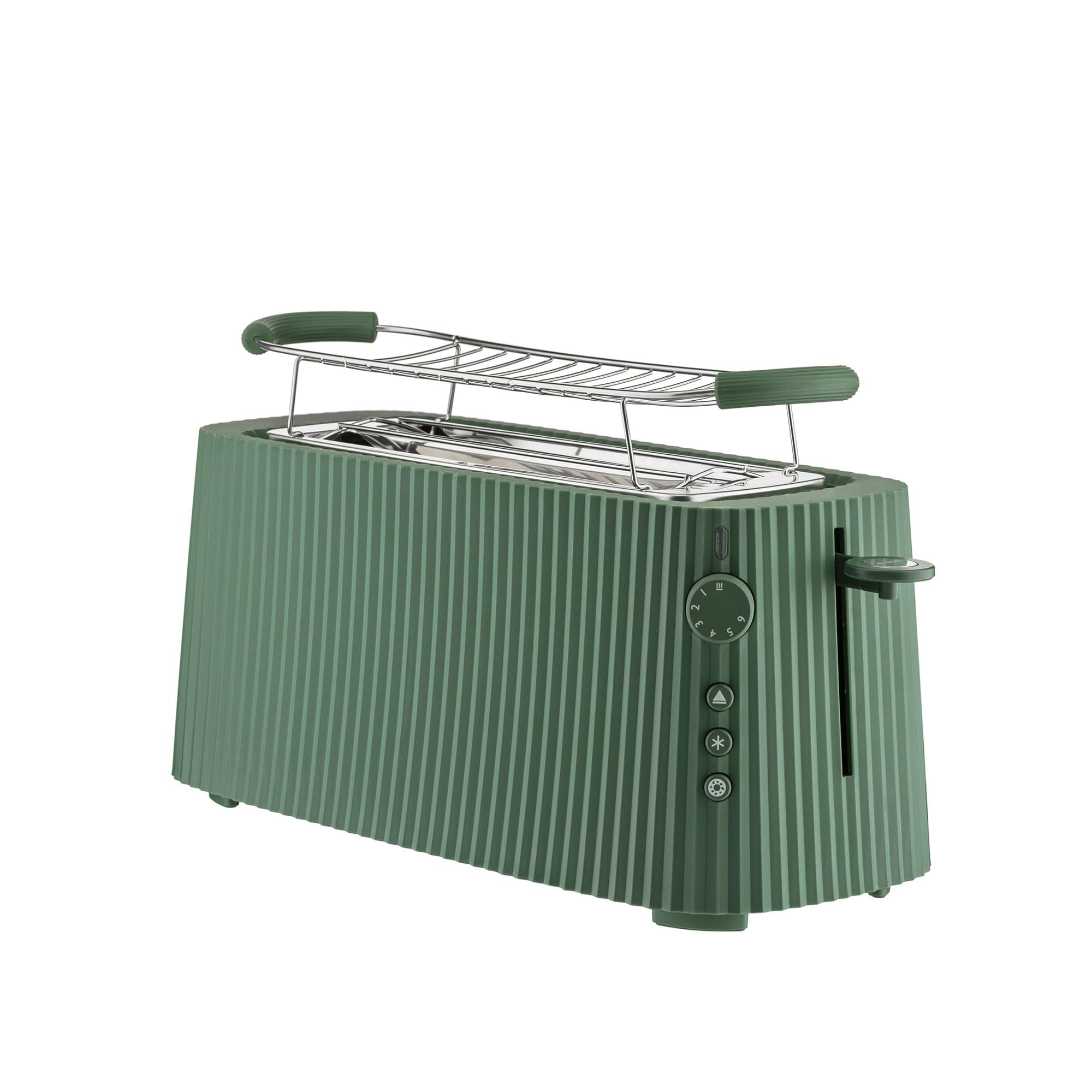 Un tostapane verde con una griglia sopra. Ha un quadrante e dei pulsanti. La superficie ha linee verticali.