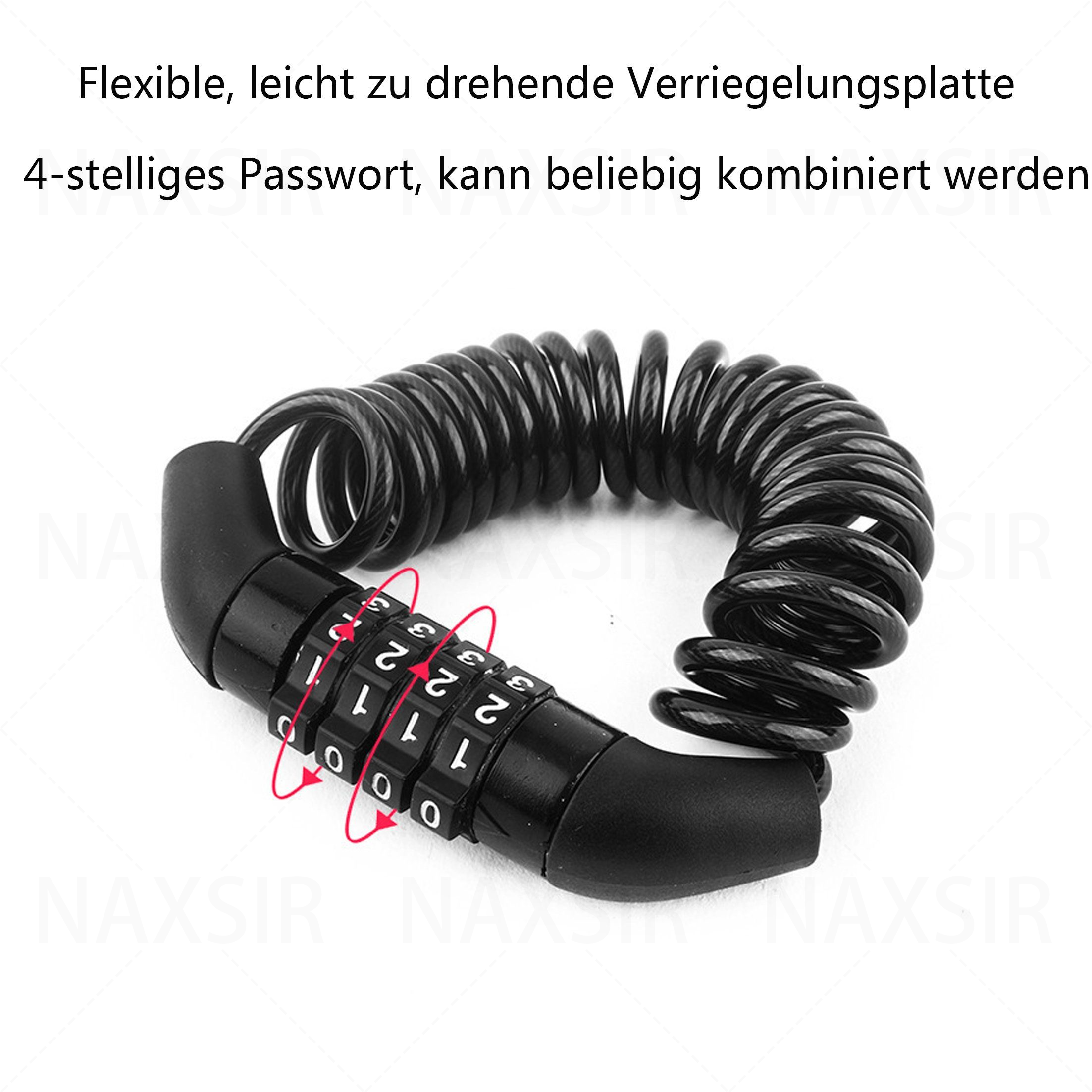 Ein schwarzes Sicherheitskabel mit Zahlenschloss, das die Zahlen 1, 0, 1, 0 anzeigt. Das Kabel ist aufgerollt.