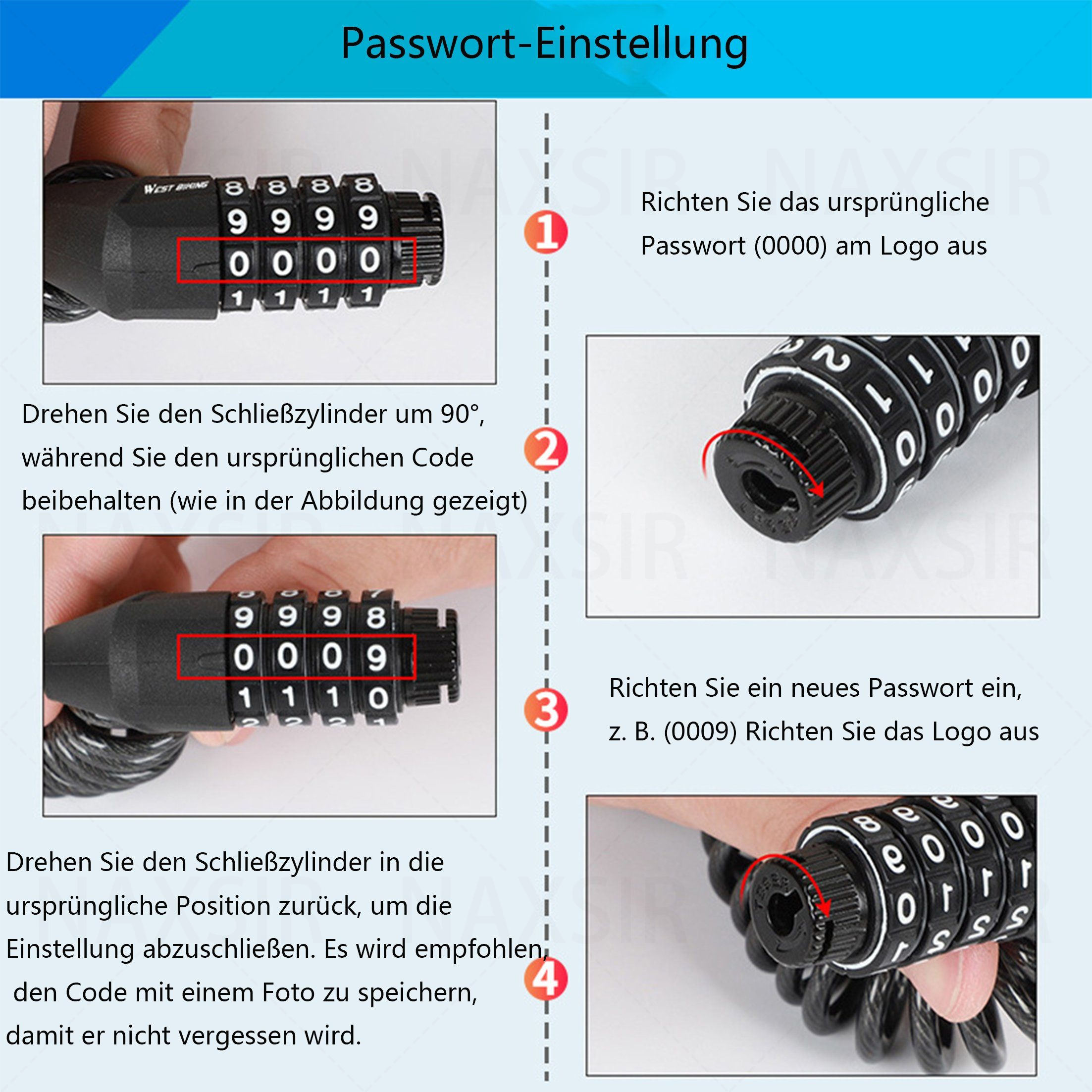 Anweisungen zum Einstellen eines Zahlenschlosses, nummerierte Schritte mit Nahaufnahmen.