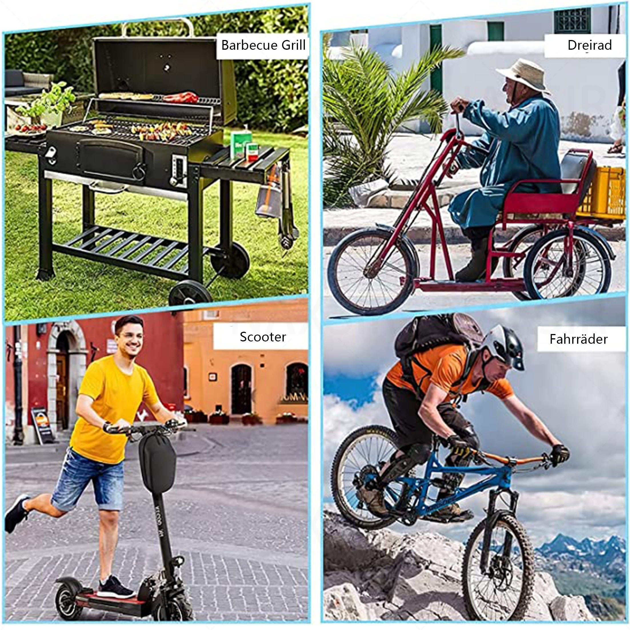 Grill auf Gras mit Werkzeugen. Dreiradfahrer, Mann auf Roller und Radfahrer auf dem Fahrrad sind in verschiedenen Quadraten.