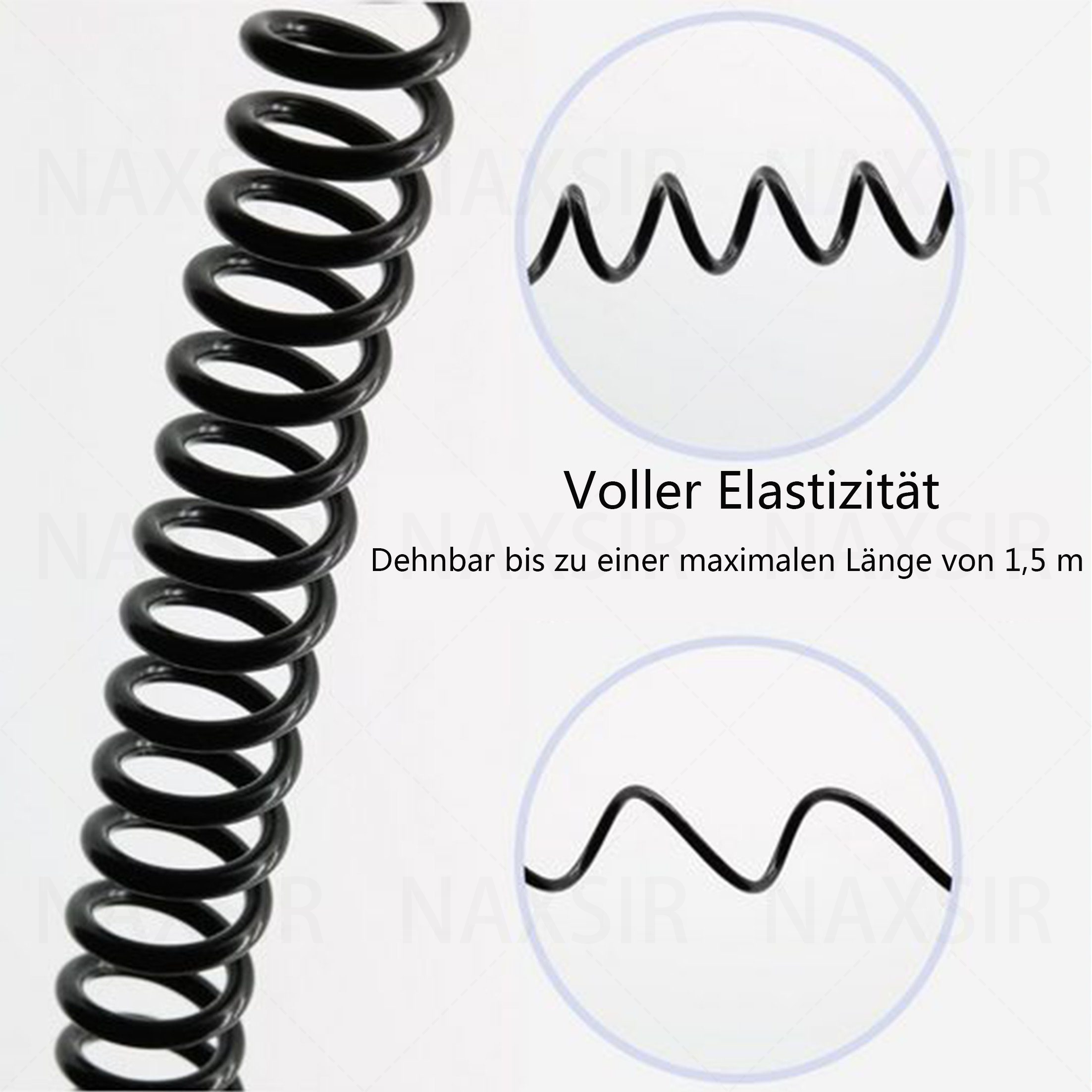 Nahaufnahme eines schwarzen Spiralkabels mit Text über Elastizität und Dehnung.