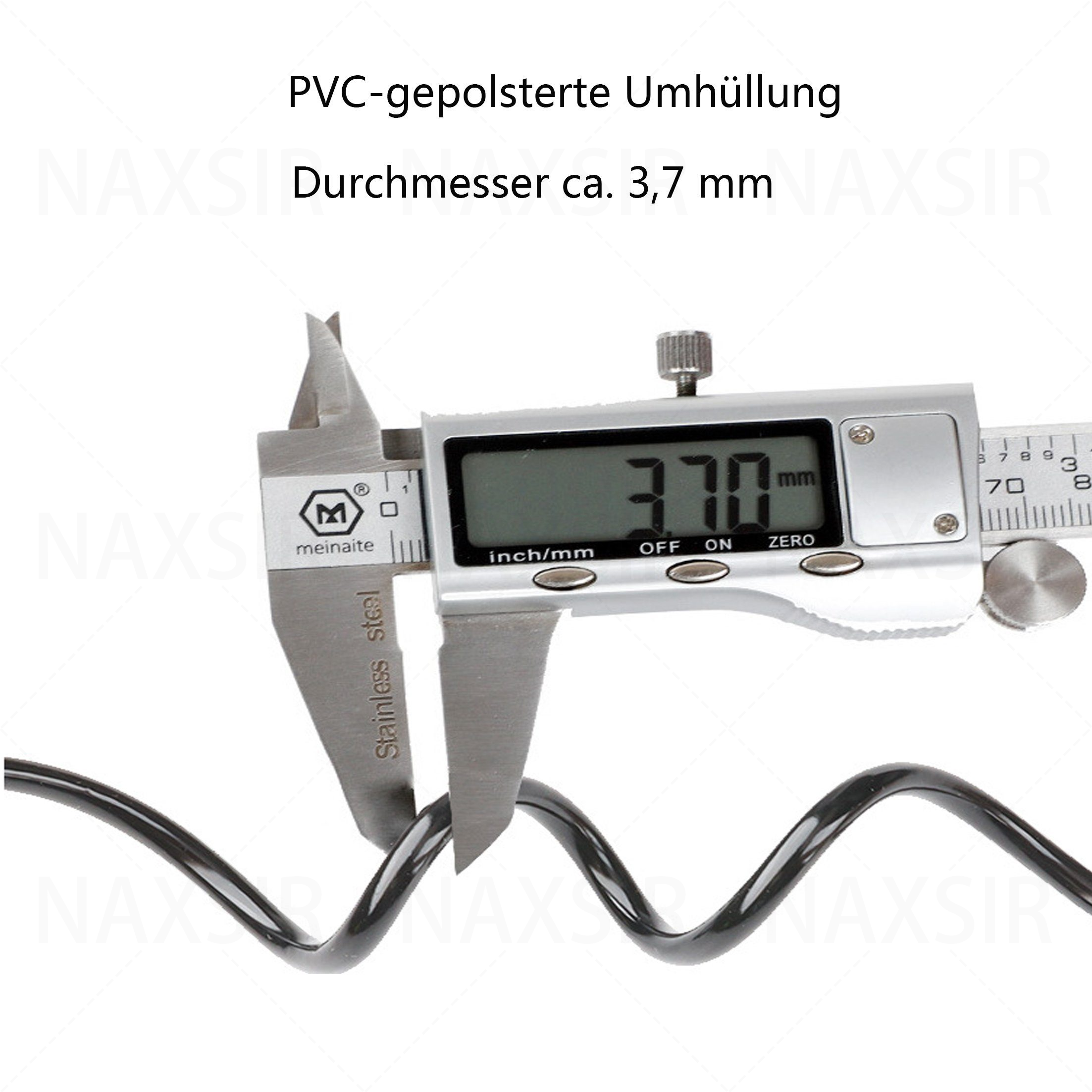 Ein digitaler Messschieber, der den Durchmesser eines schwarzen Kabels misst. Die Anzeige zeigt 3,70 mm.