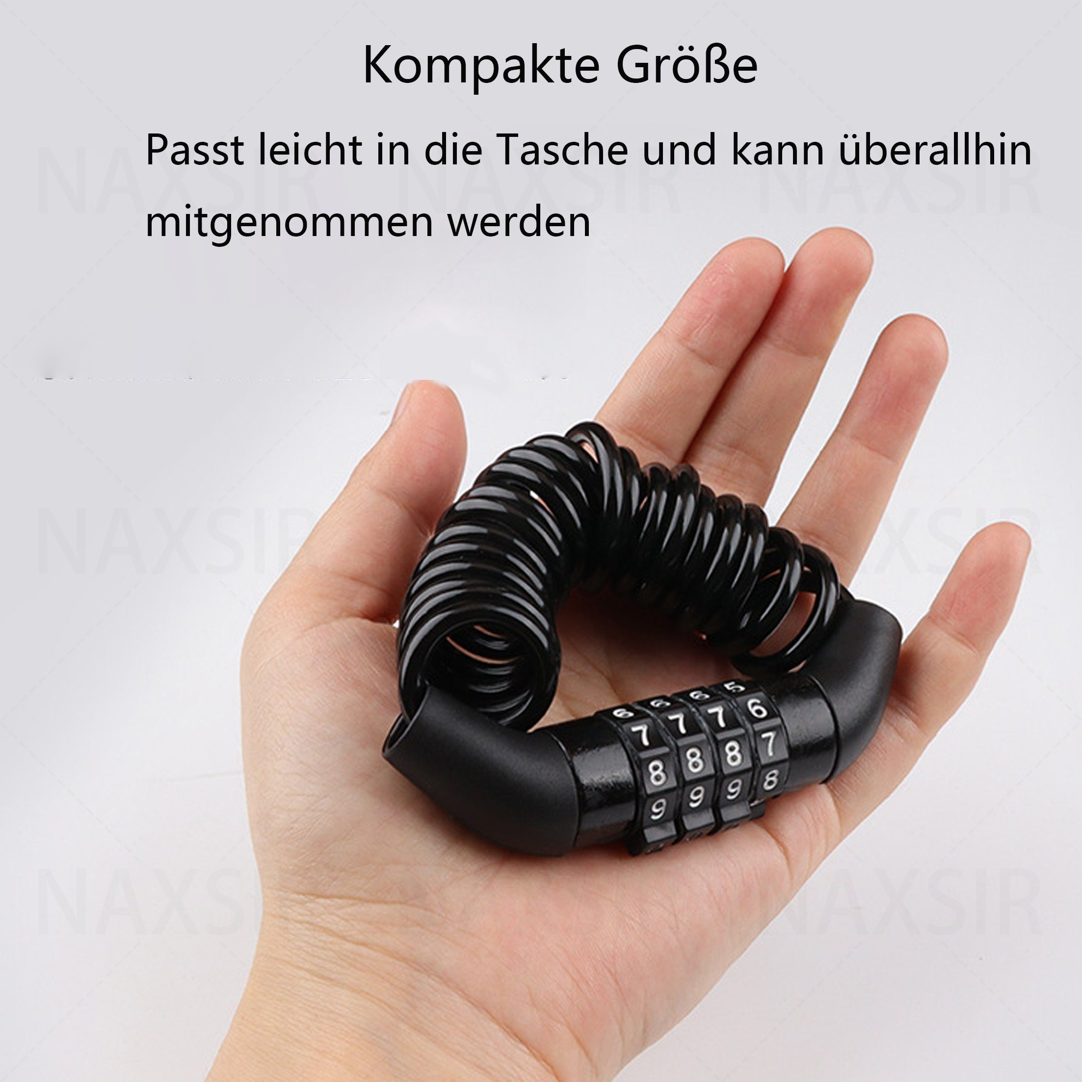 Schwarzes Zahlenschloss in einer Hand, mit Text über seine kompakte Größe.