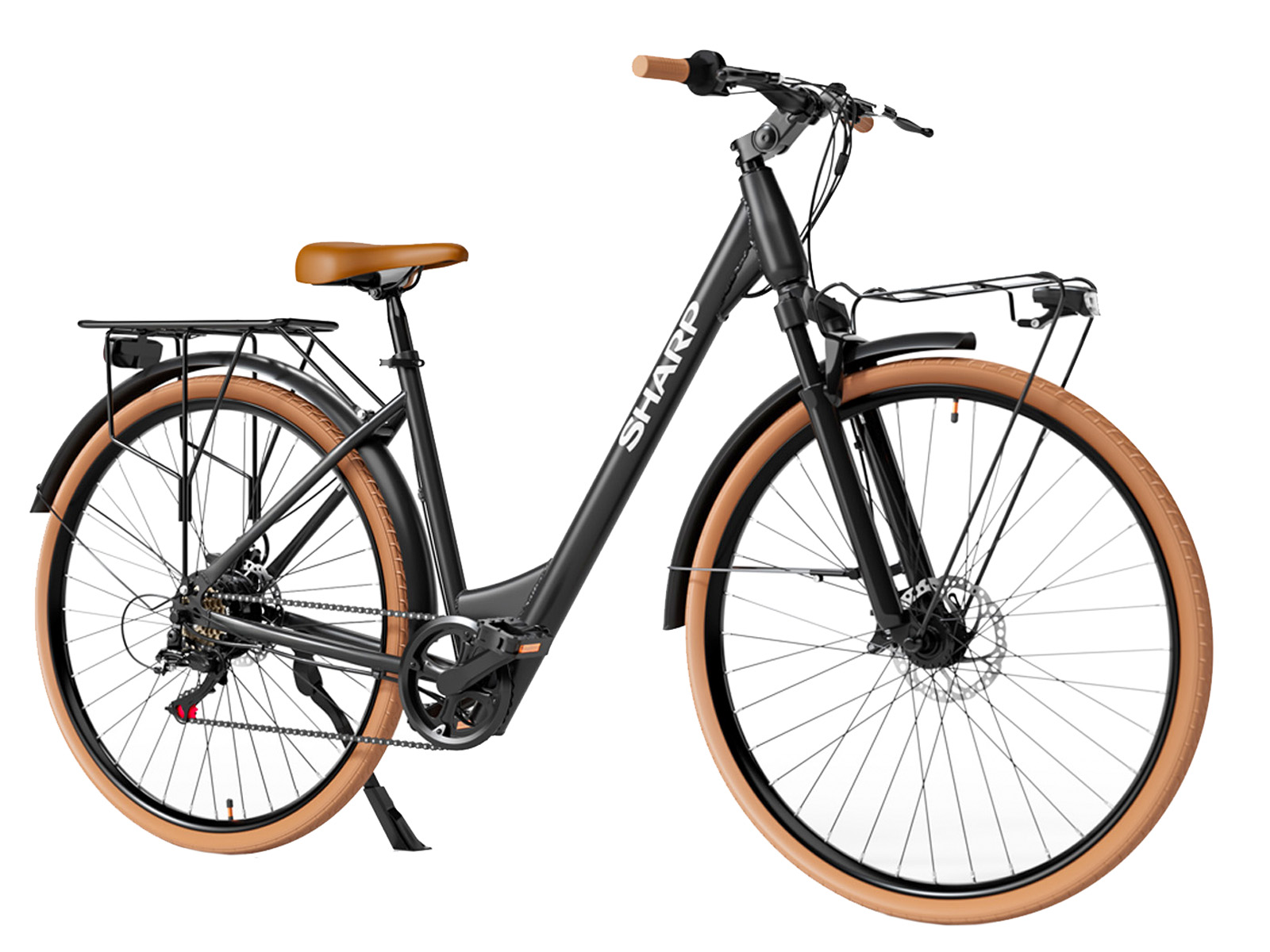 Ein schwarzes Fahrrad mit dem Wort SHARP auf dem Rahmen. Es hat braune Reifen und einen Sitz und einen Gepäckträger.