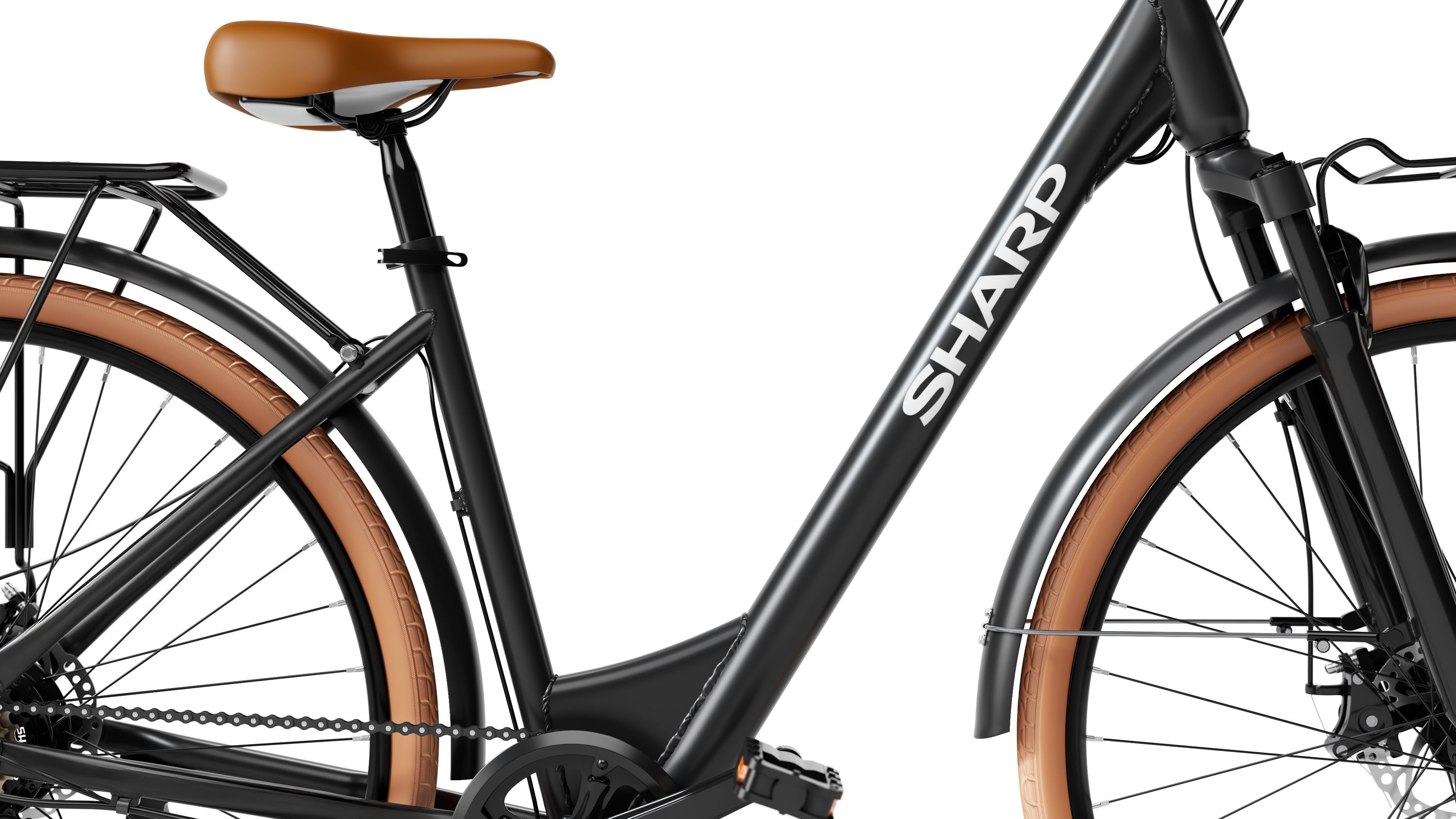 Schwarzes Sharp-Fahrrad mit braunen Reifen und Sattel, isoliert auf weißem Hintergrund.