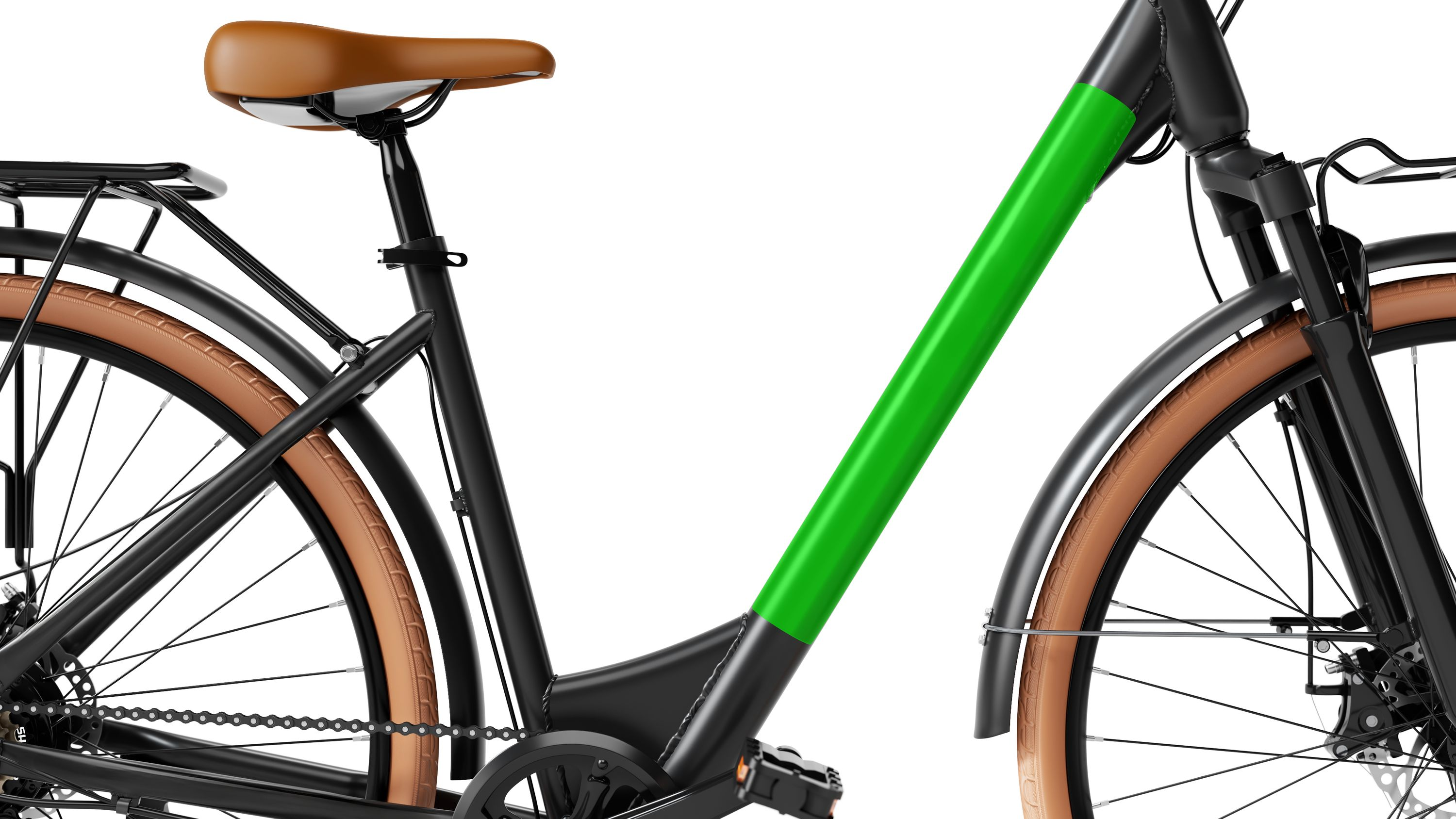 Schwarzes Sharp-Fahrrad mit grünem Streifen, braunen Reifen und Sattel.