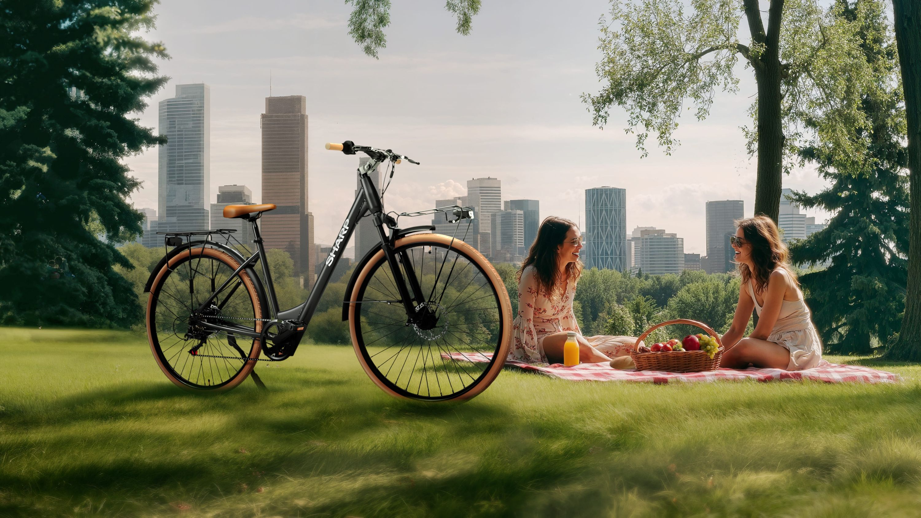 Zwei Frauen picknicken neben einem Fahrrad in einem Park mit Skyline.