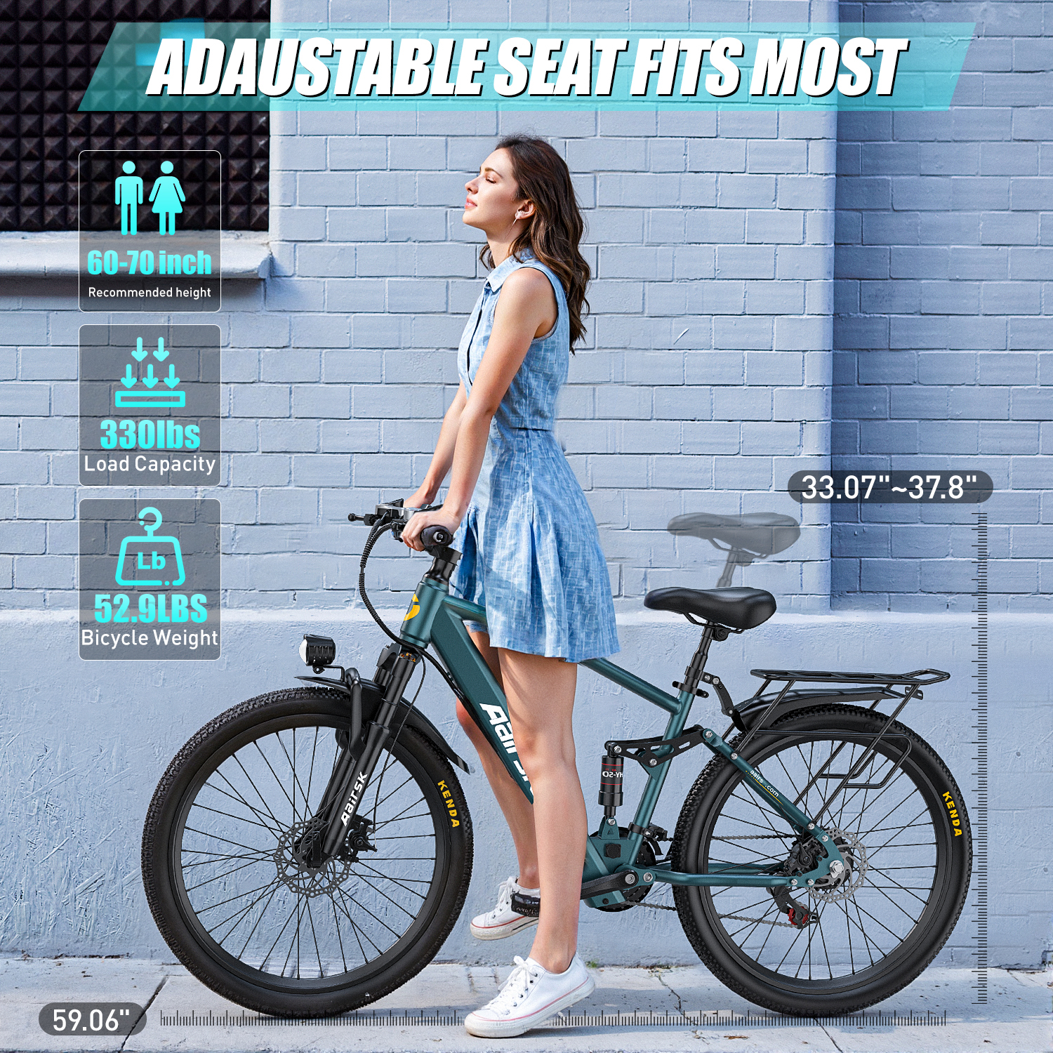 Frau steht neben einem Aairsk E-Bike mit Text zur Sitzverstellbarkeit.