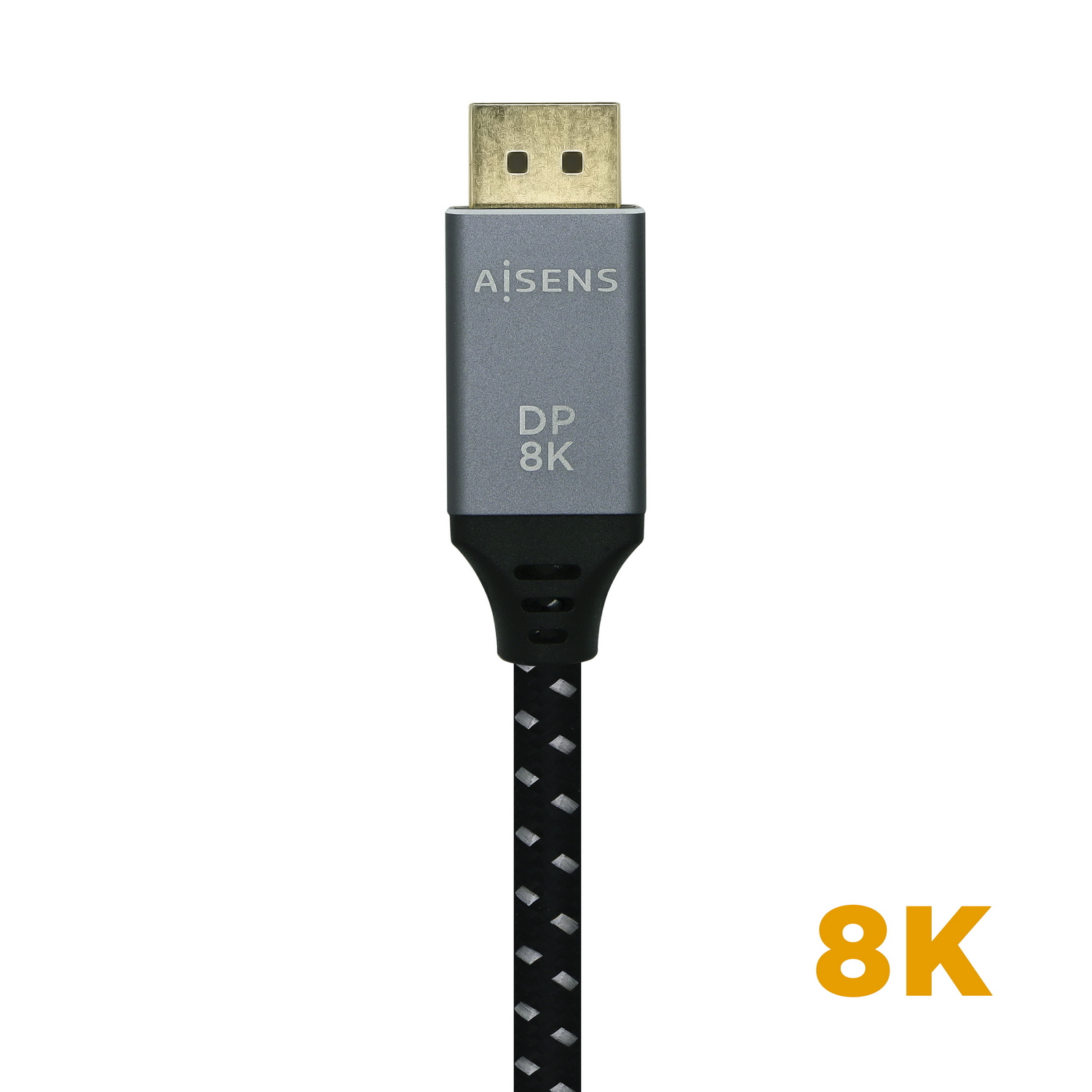 Un cable DisplayPort con un conector dorado y un cable gris está sobre un fondo blanco.