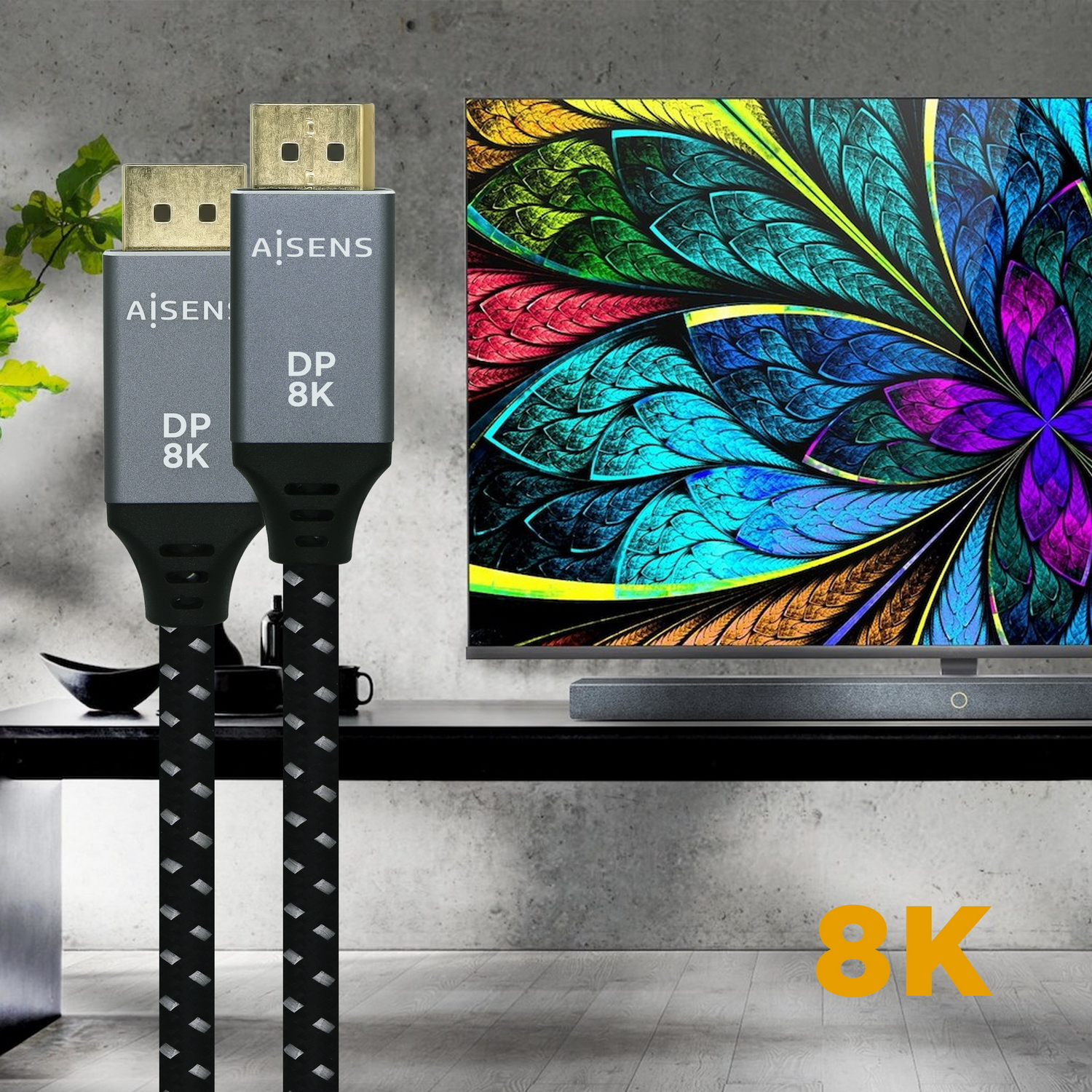 Dos cables DisplayPort. Conectores grises con 'AiSens' y 'DP 8K'. Cables trenzados negros. Texto 8K abajo.