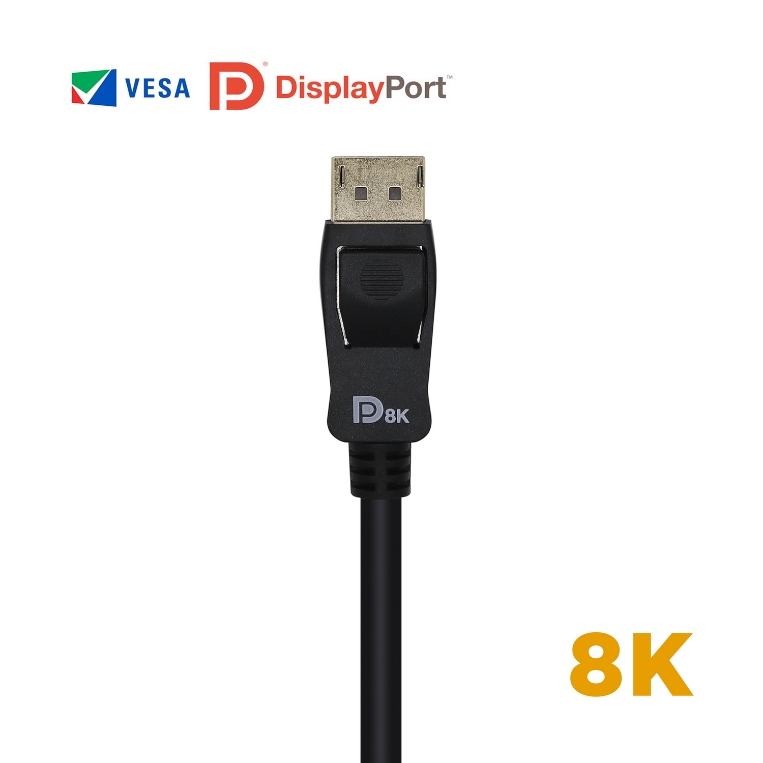 Cable DisplayPort. Conector negro con etiqueta 'P8K'. Logos VESA y DisplayPort. Texto '8K' abajo.