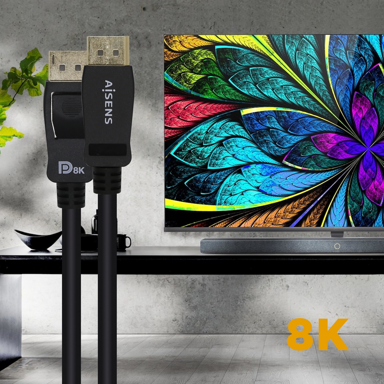 Cable DisplayPort negro con conector dorado, frente a una pantalla de TV abstracta y colorida.