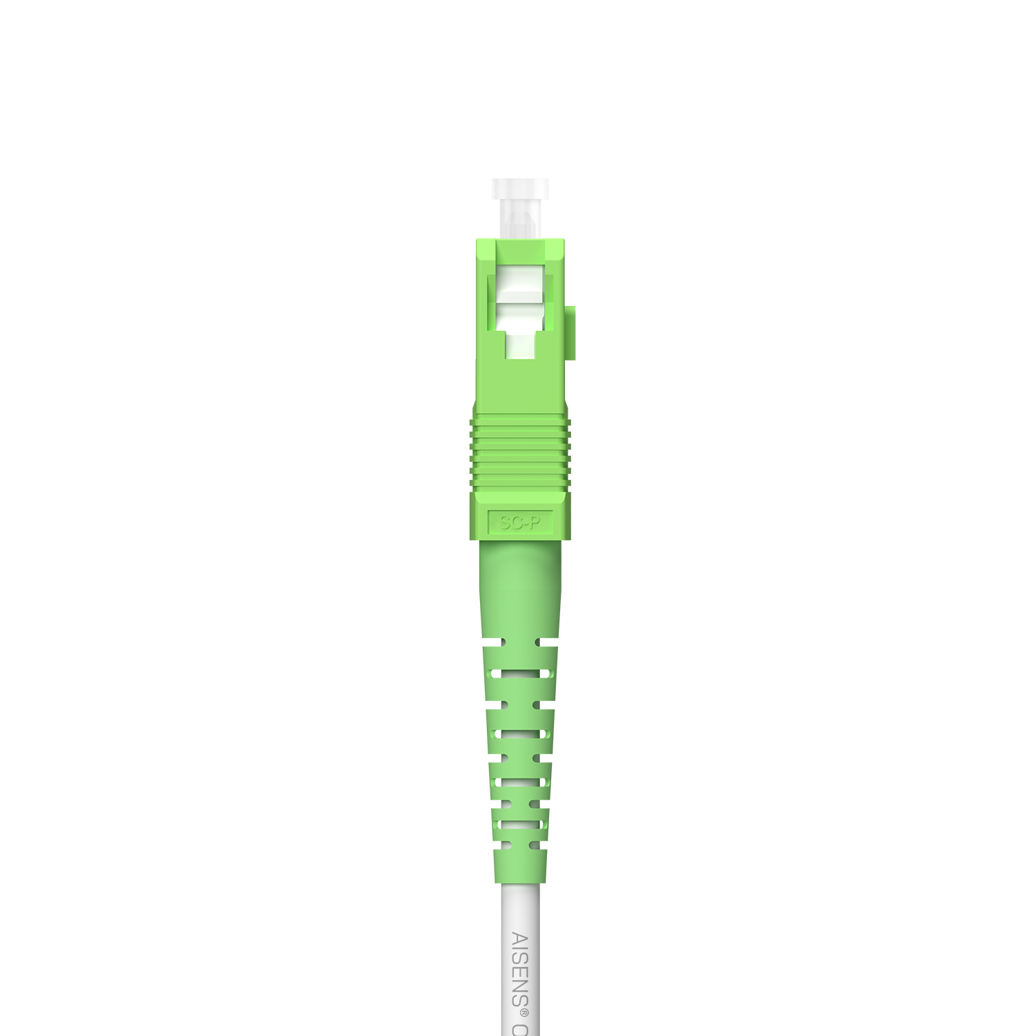 Conector de cable de fibra óptica verde y blanco sobre fondo blanco.