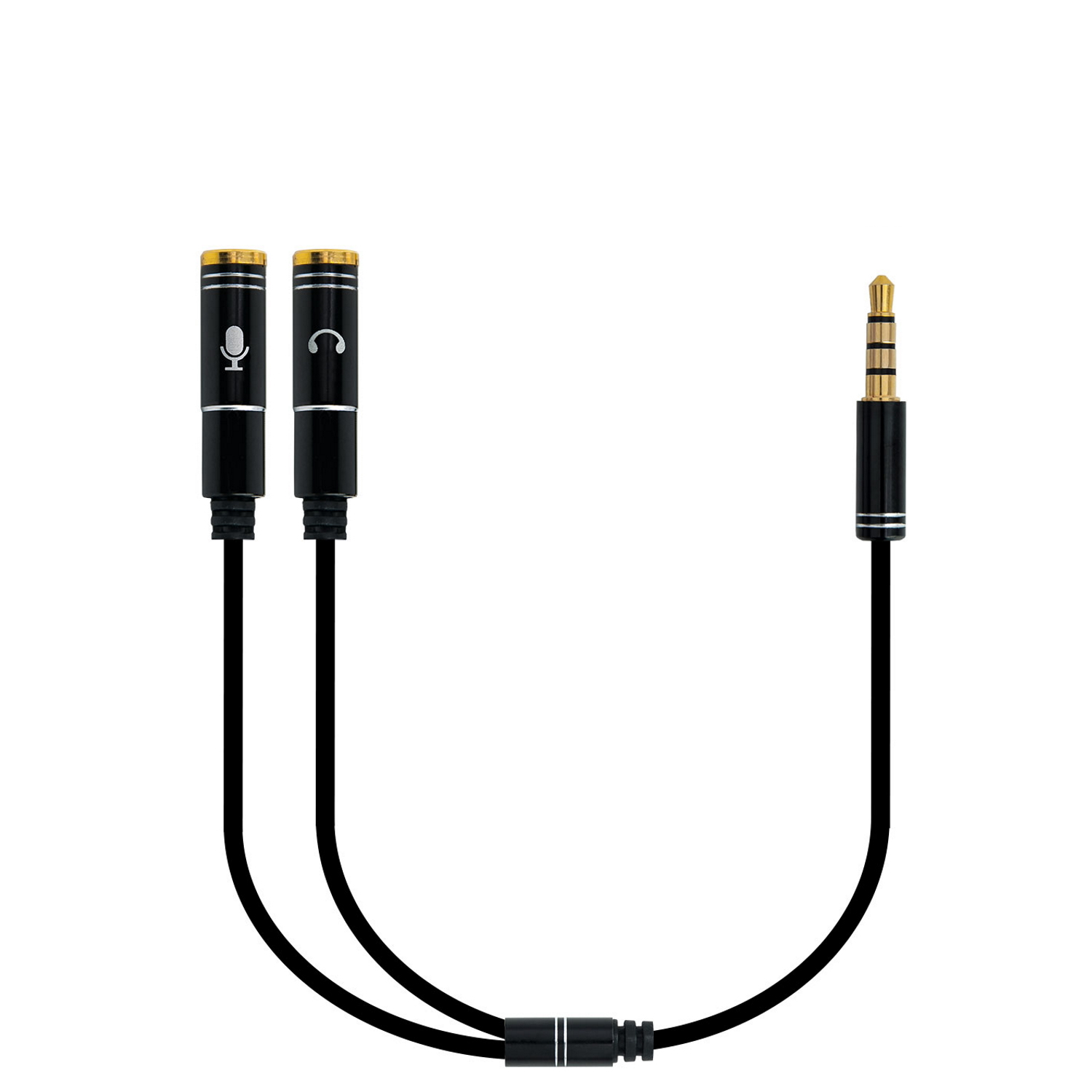 Cable divisor de audio con dos conectores negros y un enchufe dorado.