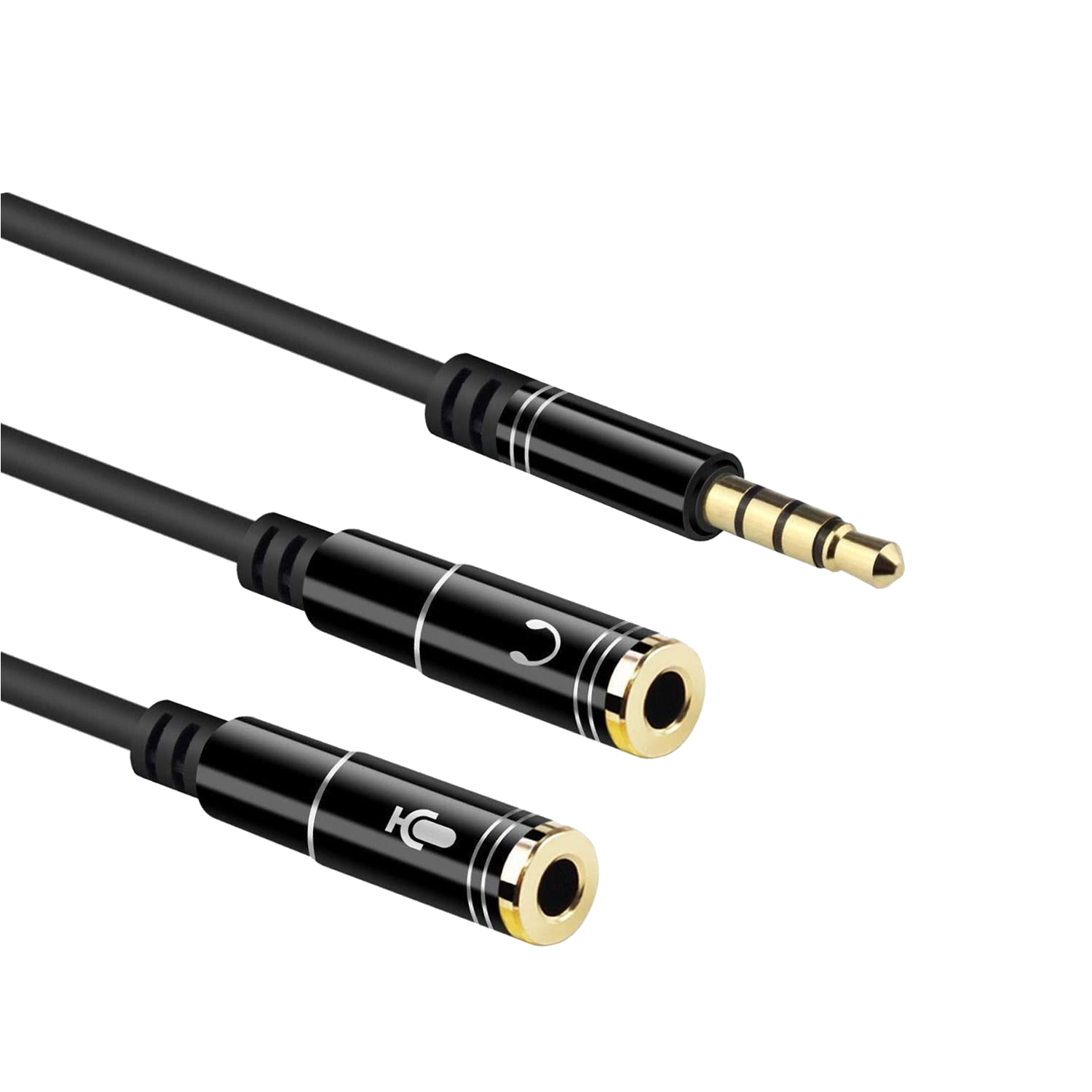 Un cable de audio de 3,5 mm con dos conectores hembra para auriculares y micrófono.