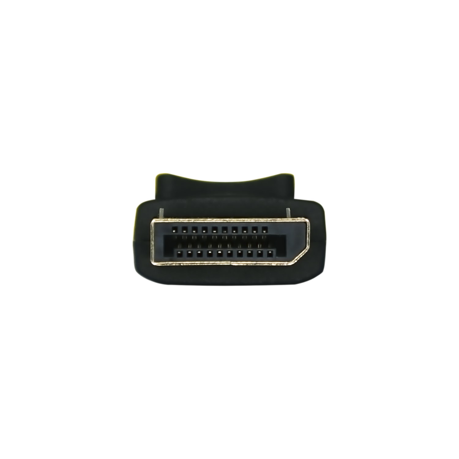 Un conector DisplayPort negro, toma de primer plano, centrado sobre fondo blanco.