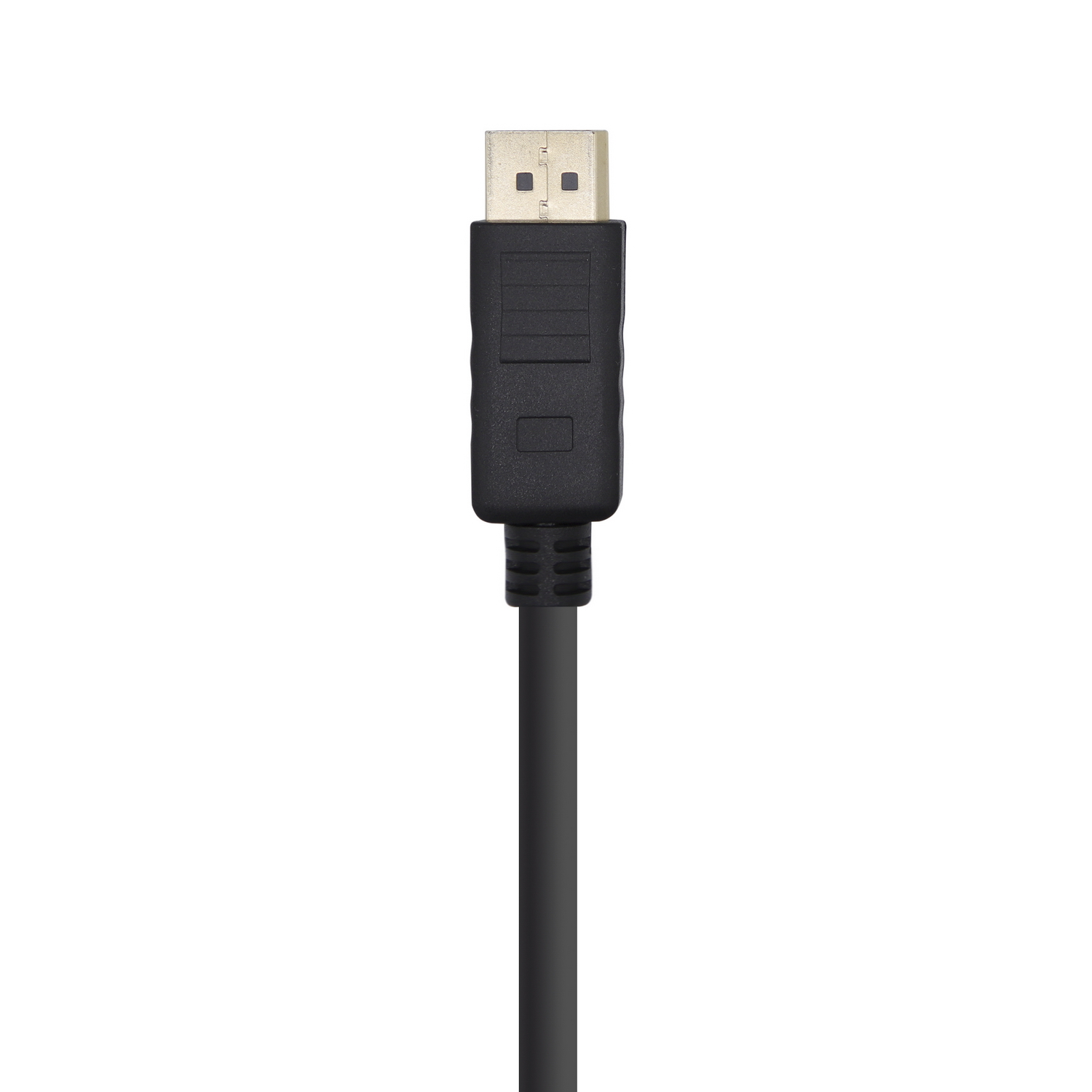 Conector DisplayPort negro sobre cable negro, fondo blanco.