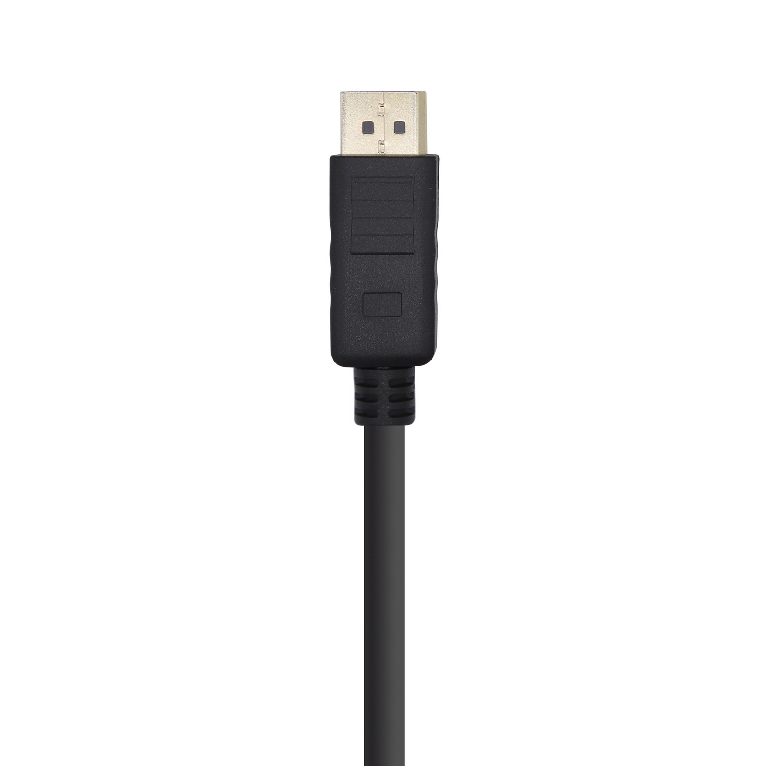 Conector DisplayPort negro con cable negro, aislado sobre fondo blanco.