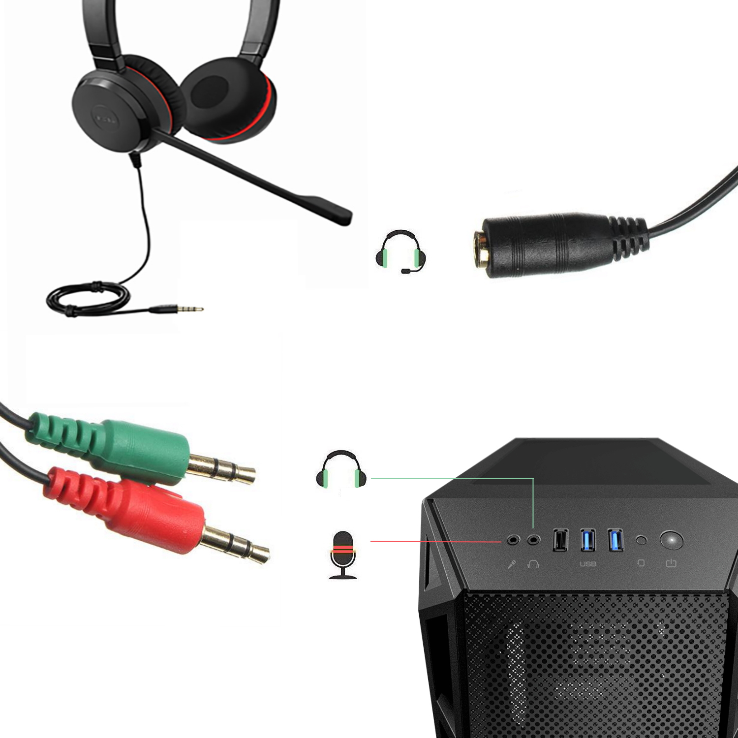 Auriculares, conectores de audio y una caja de computadora con puertos, sobre fondo blanco.