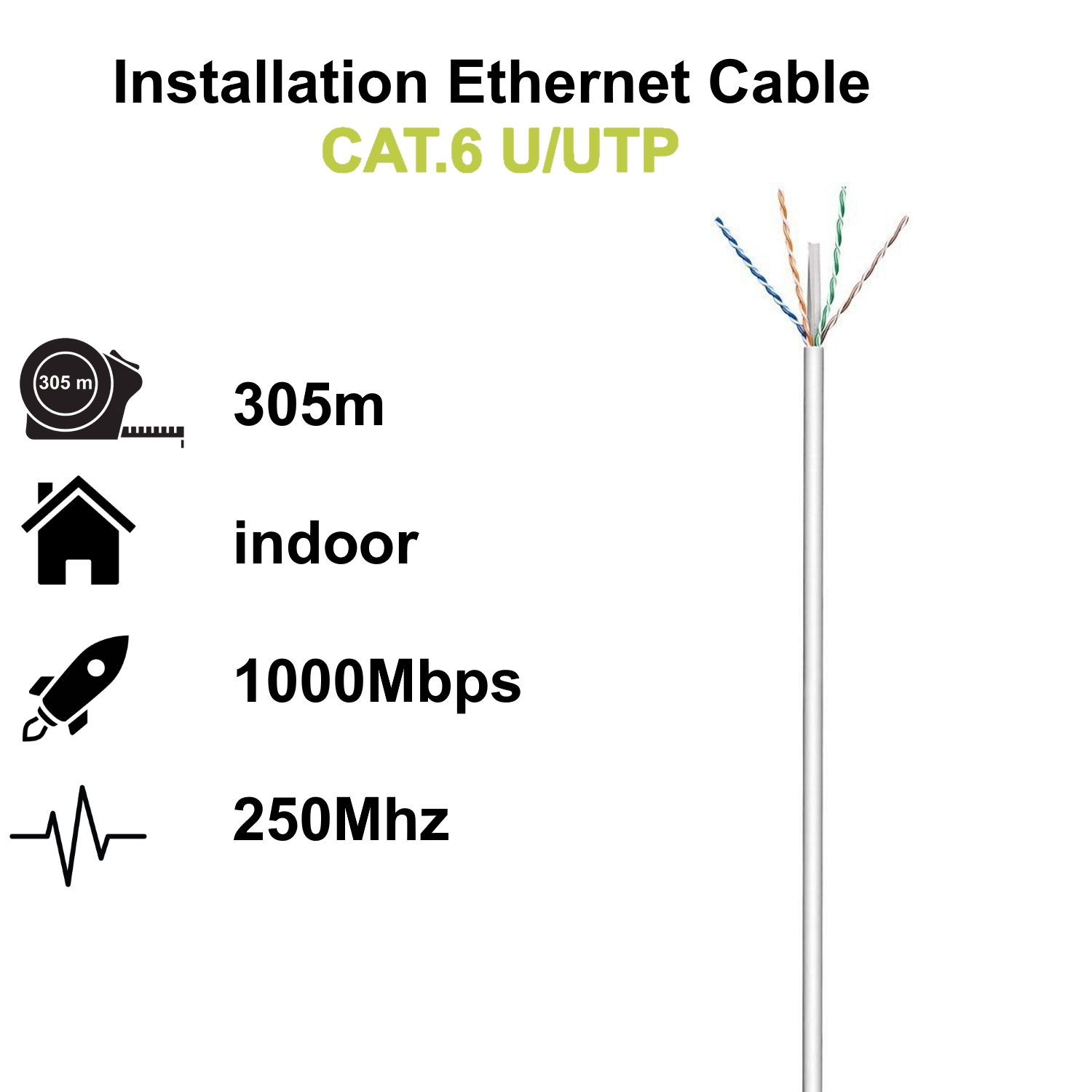 Cable ethernet blanco con texto que indica características, aislado sobre fondo blanco.