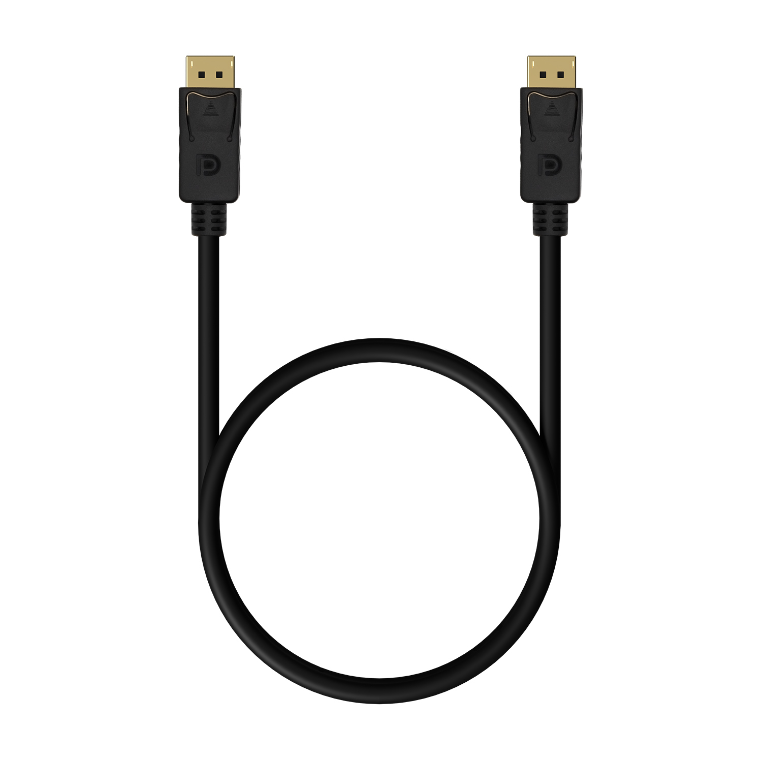 Cable DisplayPort negro, en bucle, con conectores dorados sobre superficie blanca.