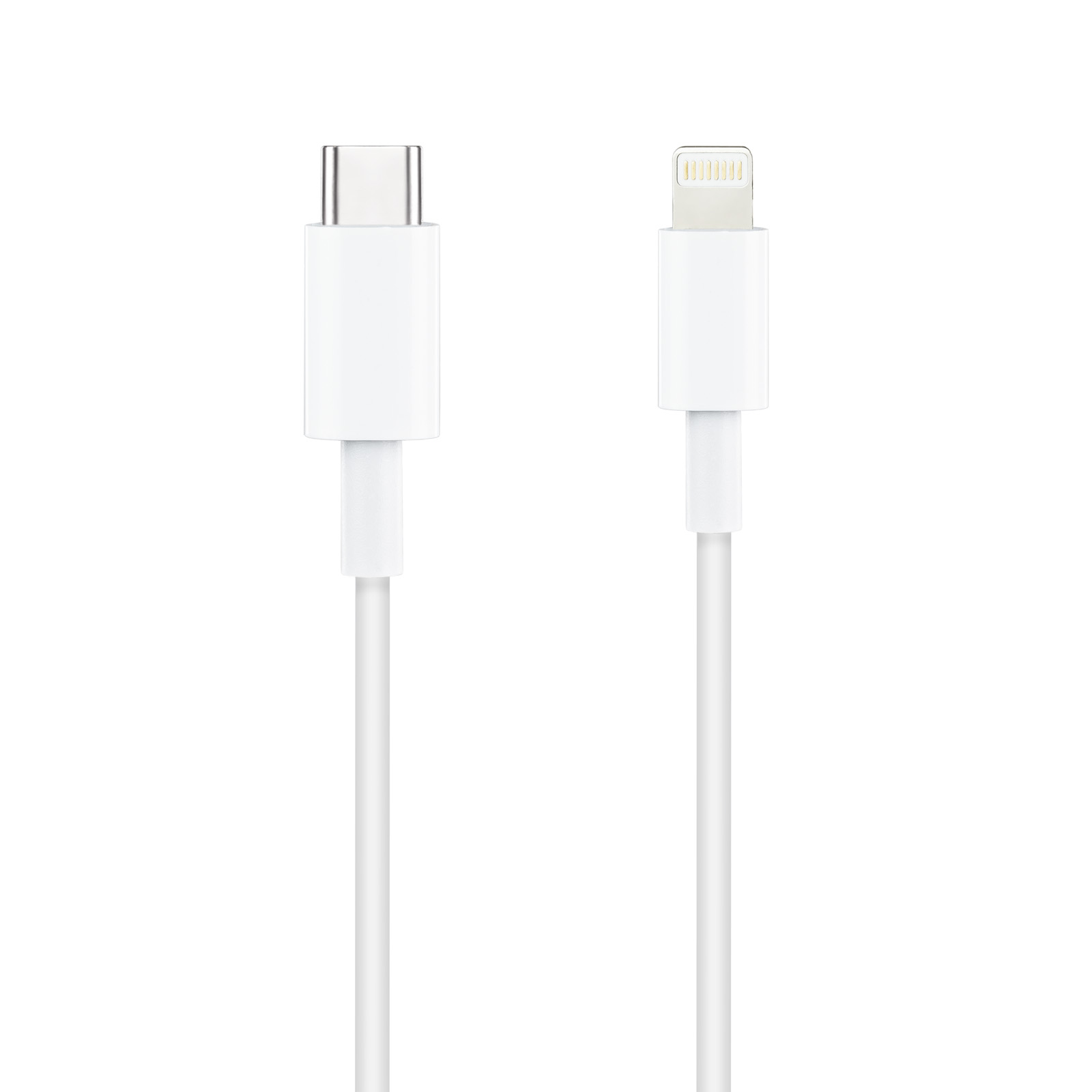Un cable blanco con un conector USB-C y un conector Lightning, sobre blanco.