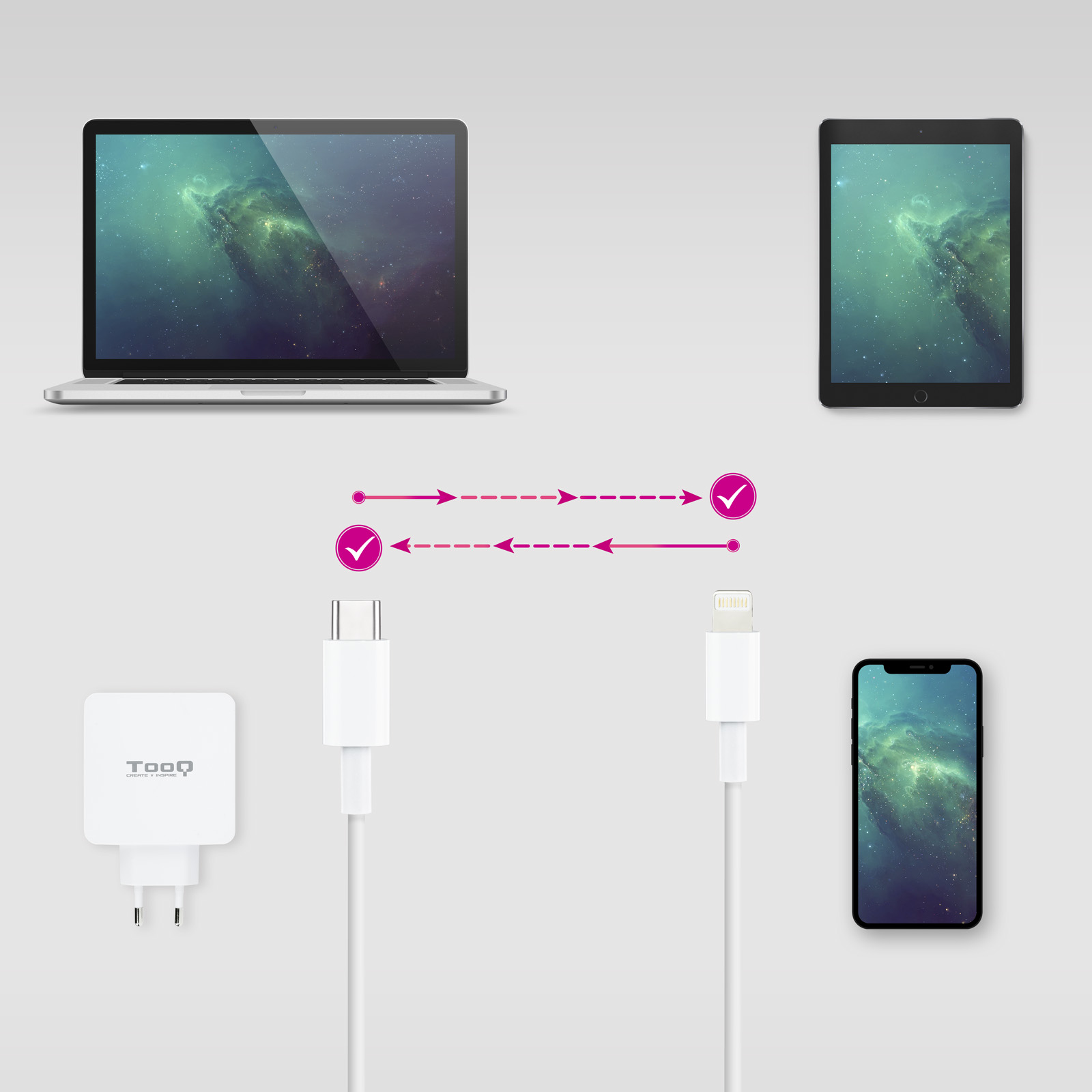 Dispositivos electrónicos y cargadores. Portátil, tableta, smartphone, cargador con cables.
