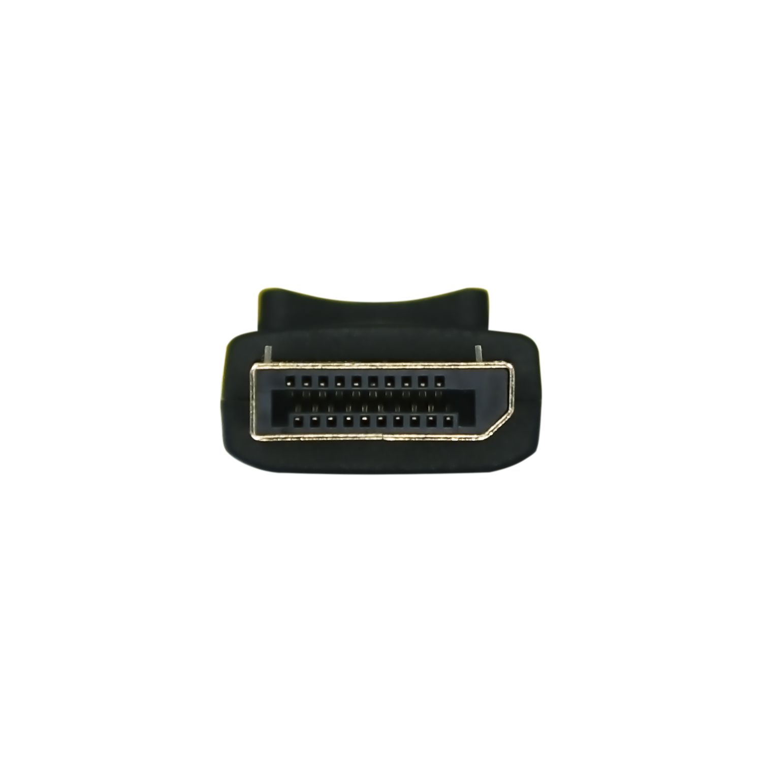 Un conector DisplayPort negro, visto de frente, sobre un fondo blanco.