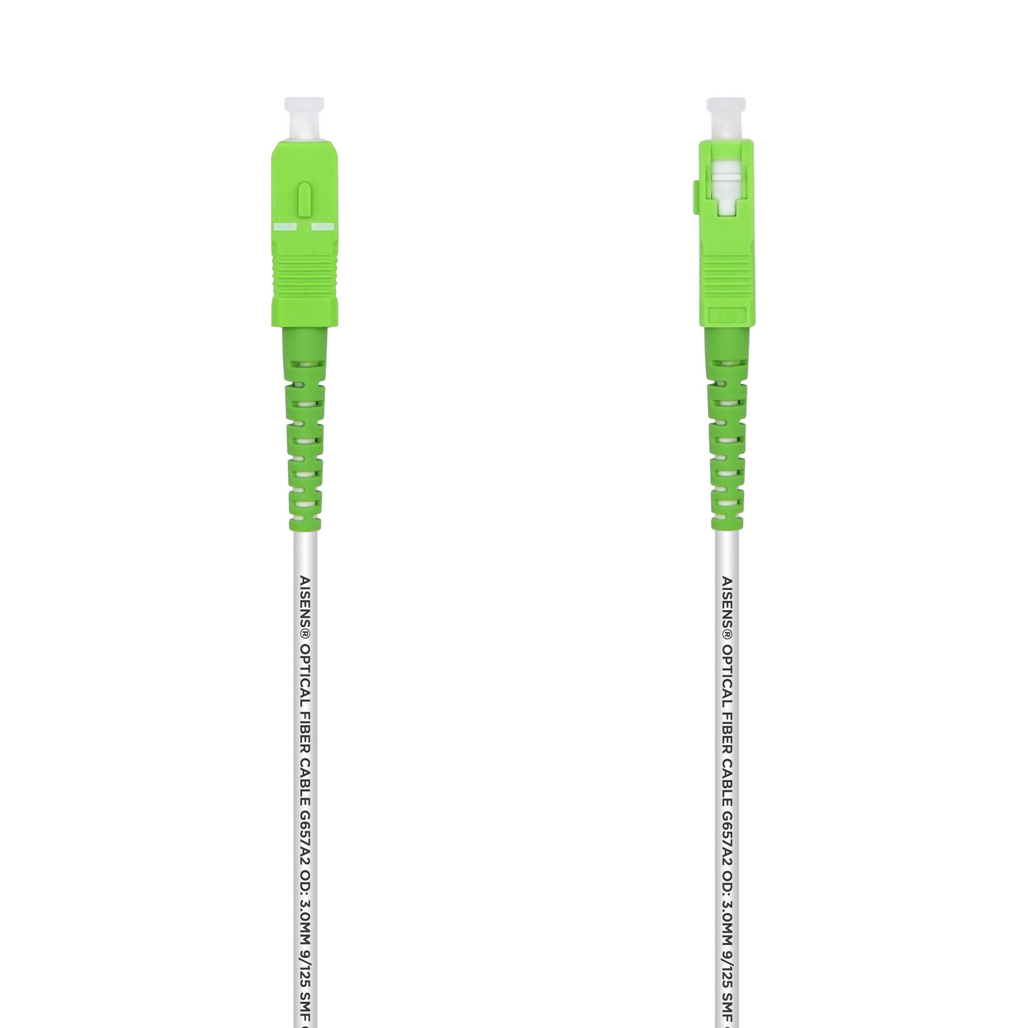 Dos cables de fibra óptica verdes y blancos, marca Aisins, fondo blanco.