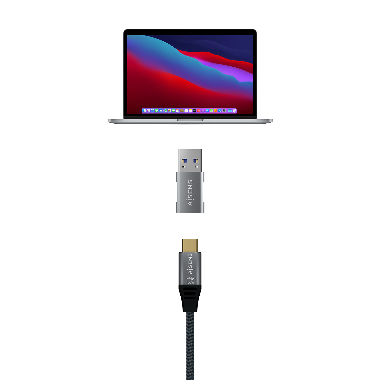 Un portátil, un adaptador USB y un cable USB-C, todo sobre una superficie blanca.