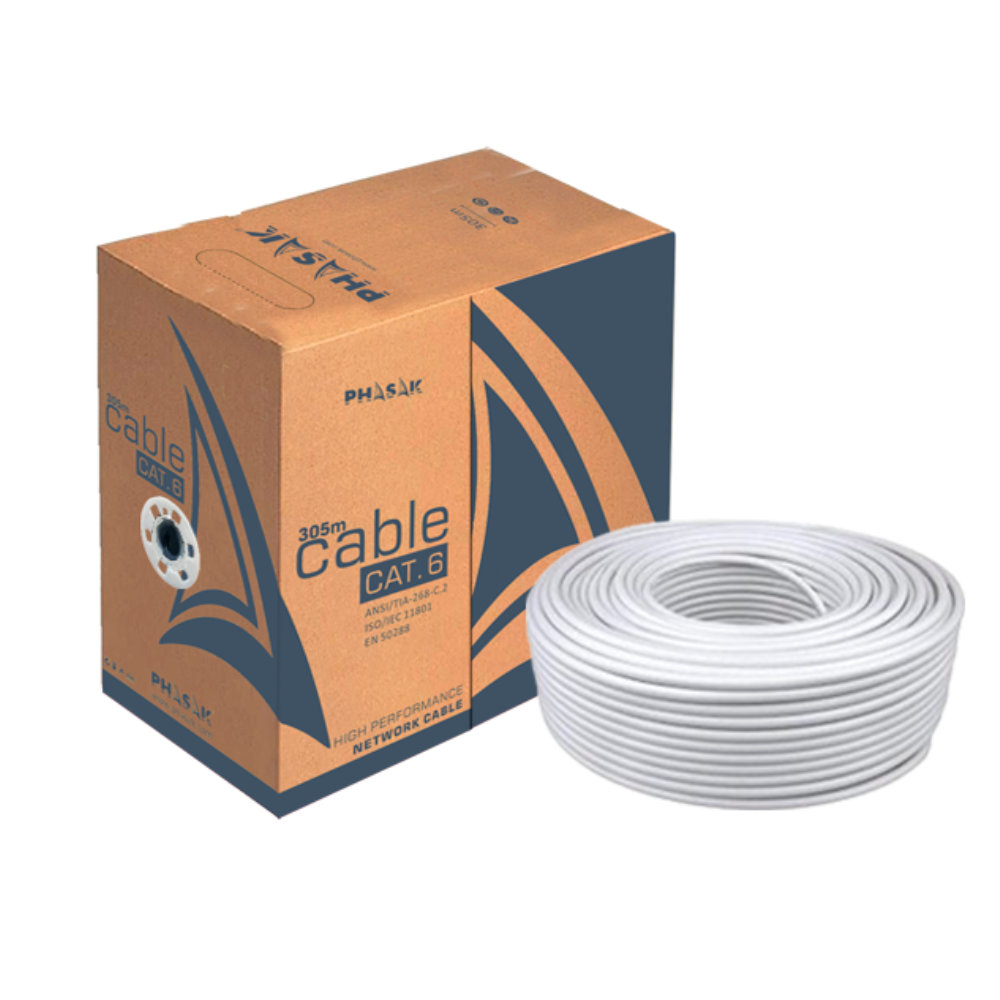 Una caja de cable PHASAK CAT.6, con un carrete blanco visible, sobre una superficie blanca.