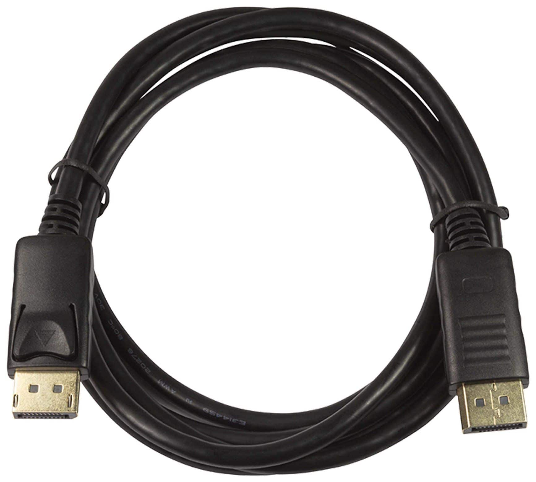 Un cable DisplayPort negro con conectores en ambos extremos, sobre fondo blanco.