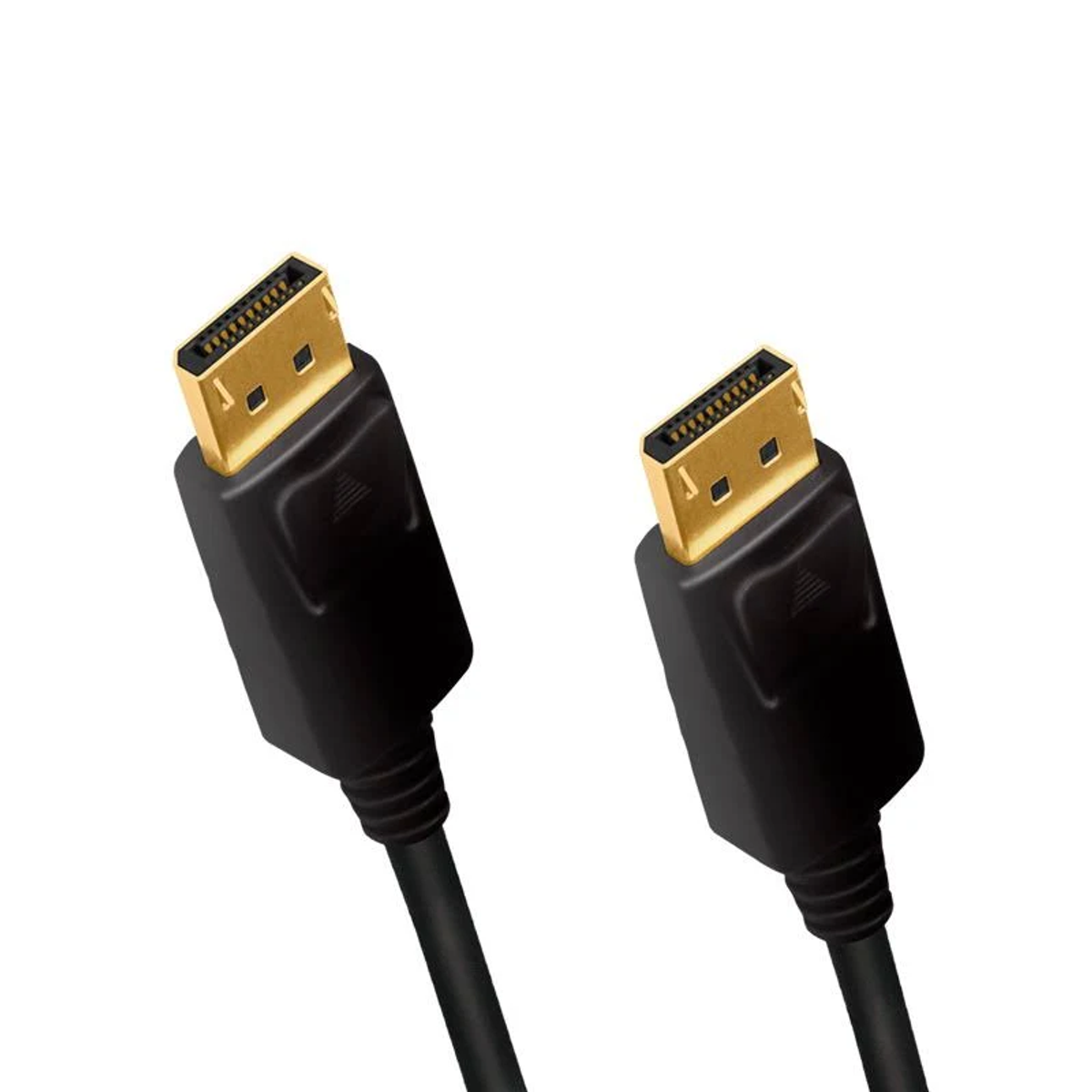 Dos cables DisplayPort negros, conectores en ambos extremos, sobre fondo blanco.