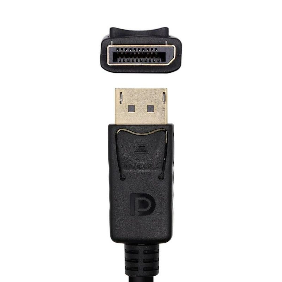Cable DisplayPort con conector negro y logotipo 'D'.